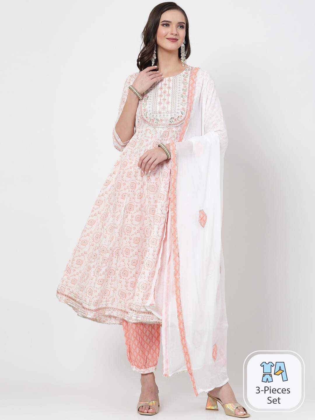 SWAS Floral Printed Panalled Gotta Patti Kurta with Salwar & With Dupatta, White
