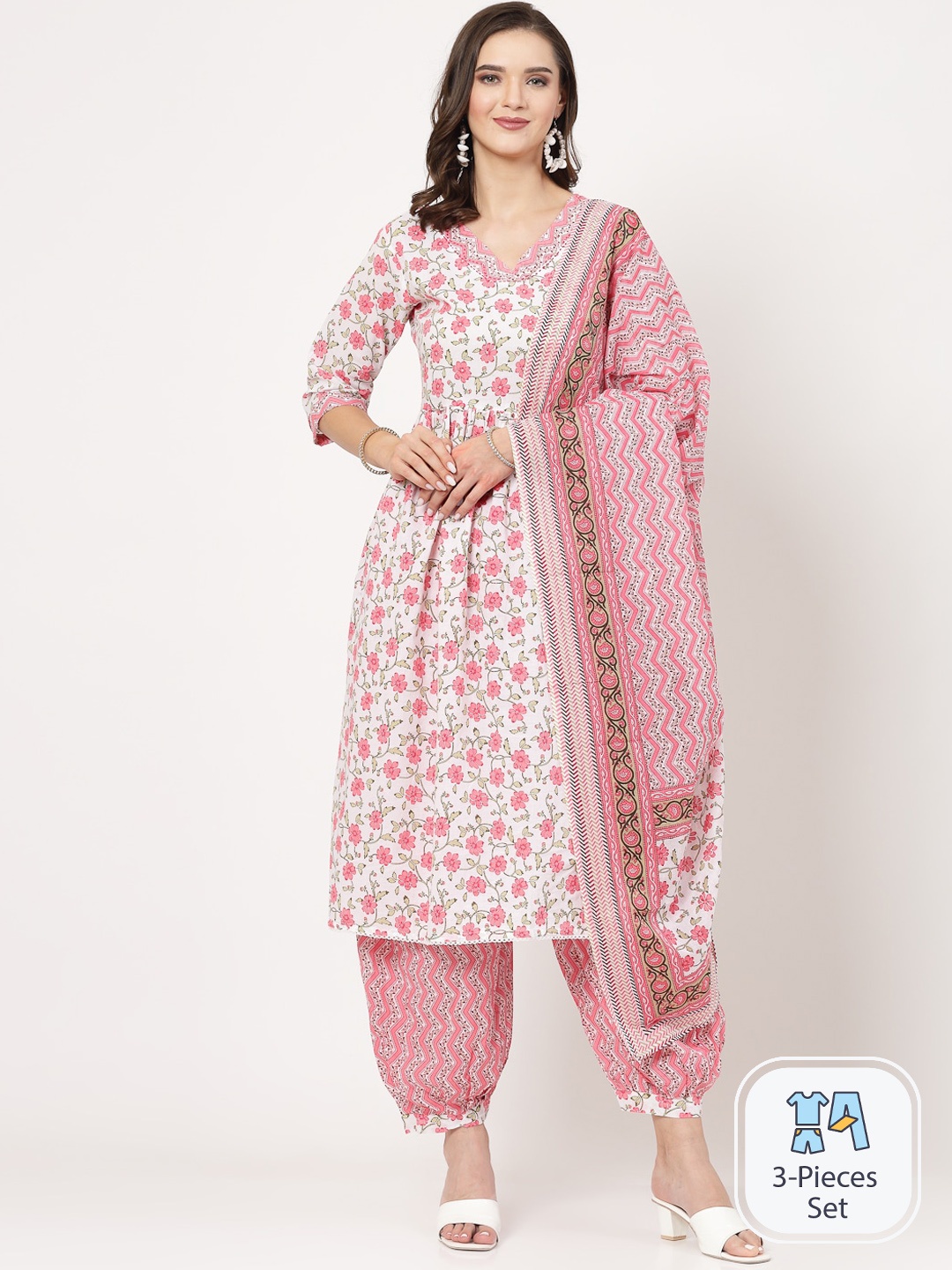 

SWAS Floral Printed Regular Gathers Kurta with Salwar & With Dupatta, White