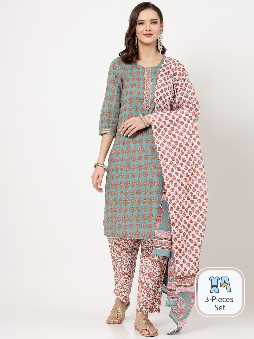 

SWAS Floral Printed Regular Gotta Patti Kurta with Trousers & With Dupatta, Teal