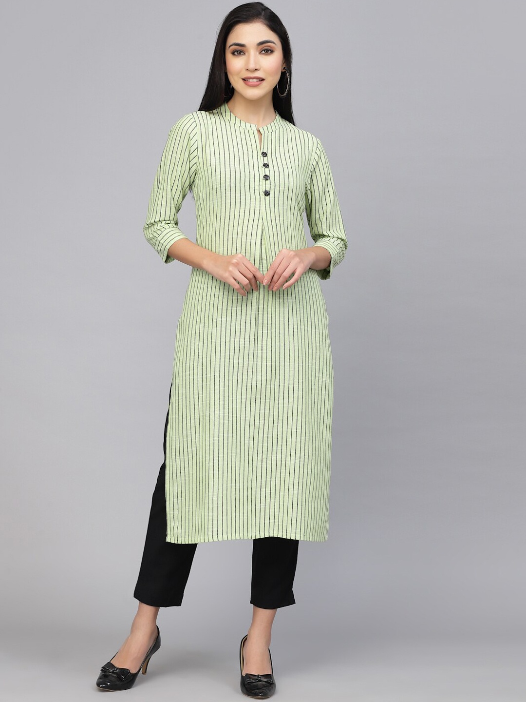 

LARGISH Striped Mandarin Collar Cotton Straight Kurta, Green