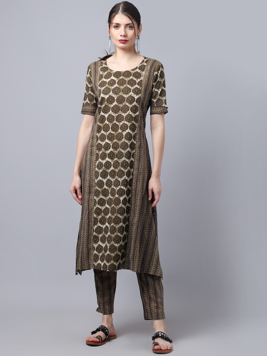 

LARGISH Geometric Printed Cotton Straight Kurta, Brown