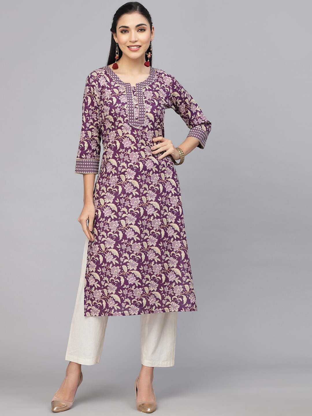 

LARGISH Ethnic Motifs Printed Gotta Patti Cotton Straight Kurta, Purple