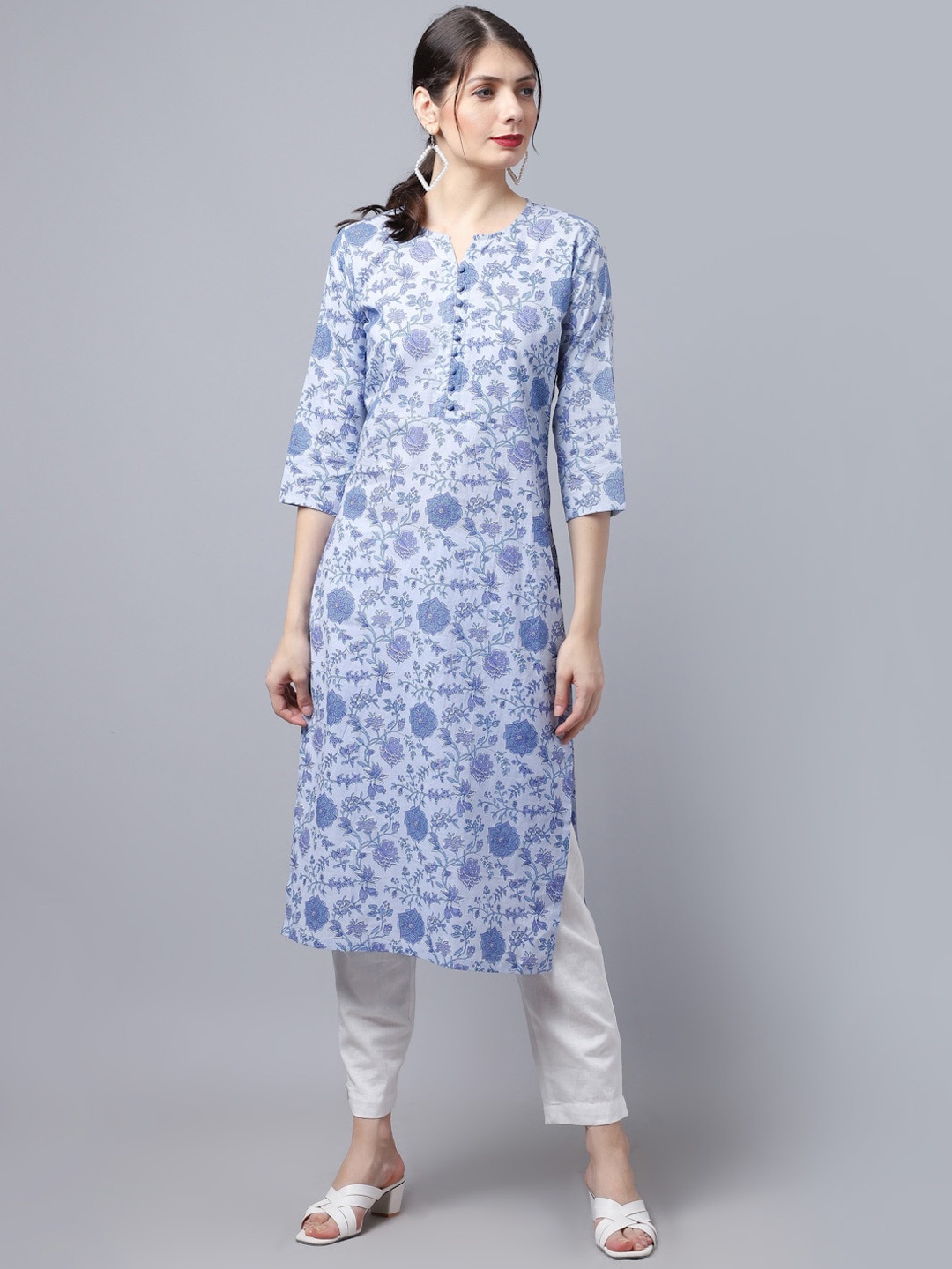 

LARGISH Floral Printed Cotton Straight Kurta, Blue