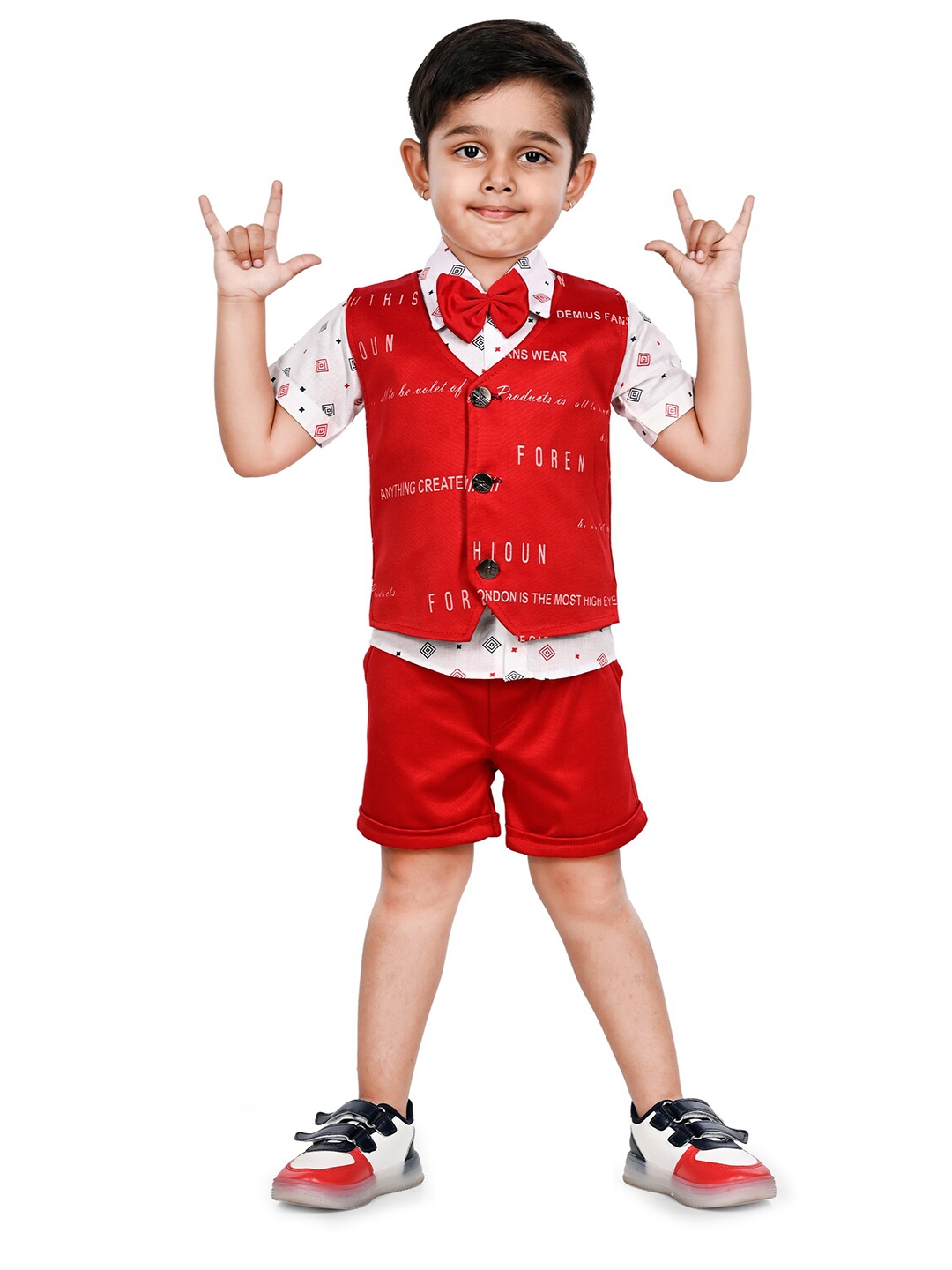 

BAESD Boys Printed Shirt Collar Pure Cotton Shirt & Shorts with Waistcoat, Red