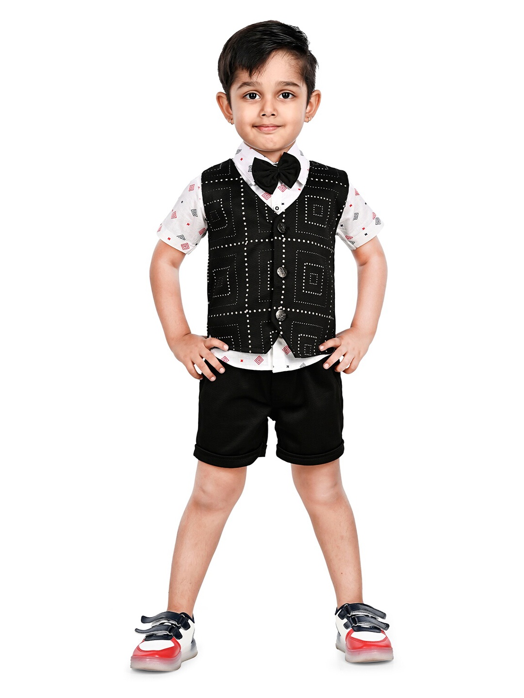 

BAESD Boys Printed Shirt Collar Pure Cotton Shirt & Shorts with Waistcoat, Black
