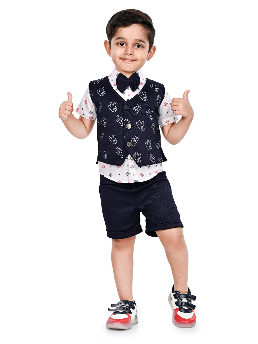 

BAESD Boys Printed Shirt Collar Pure Cotton Shirt & Shorts with Waistcoat, Navy blue