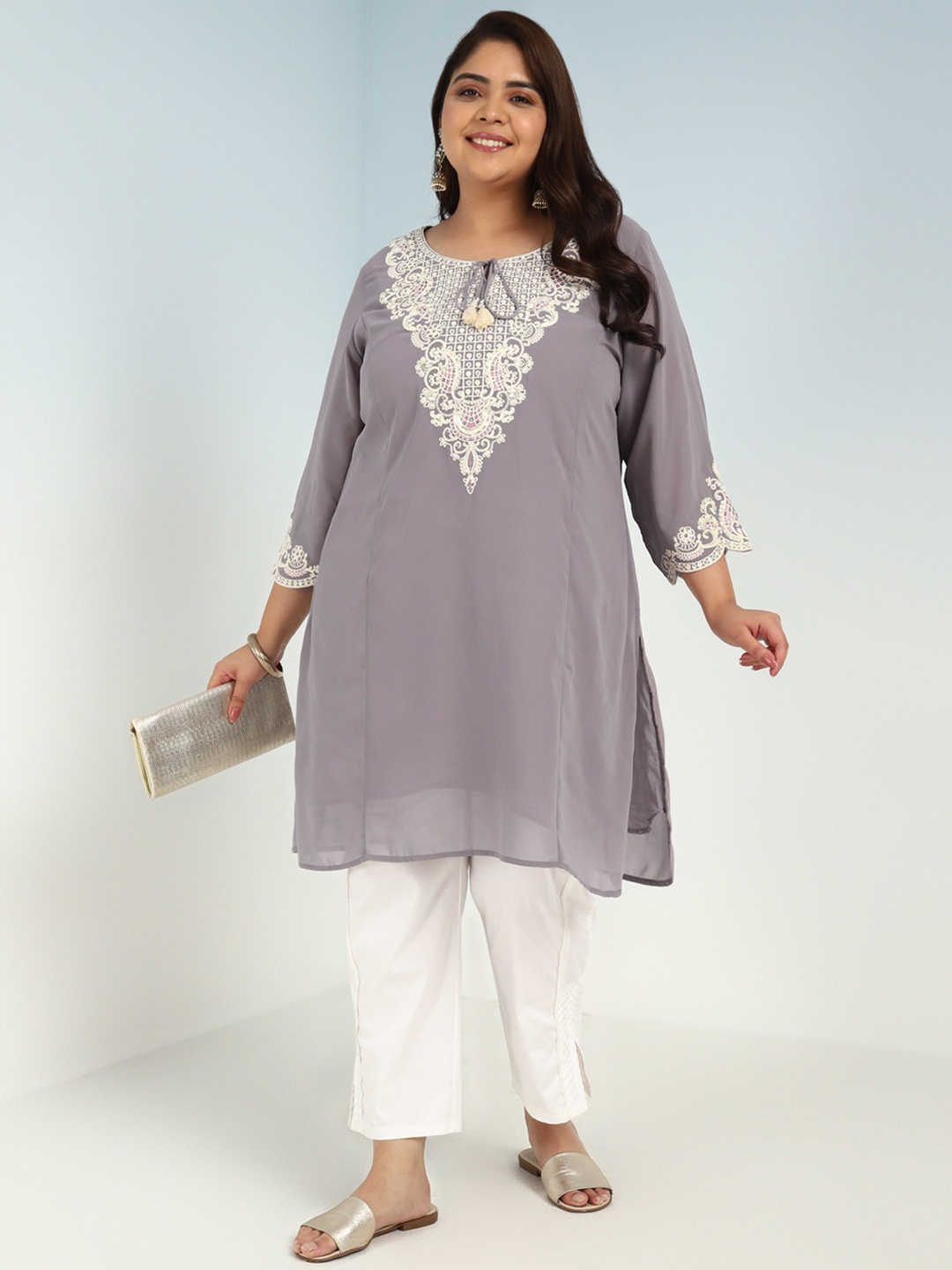

Lakshita Plus Size Ethnic Motifs Yoke Design Thread Work Straight Kurta, Grey