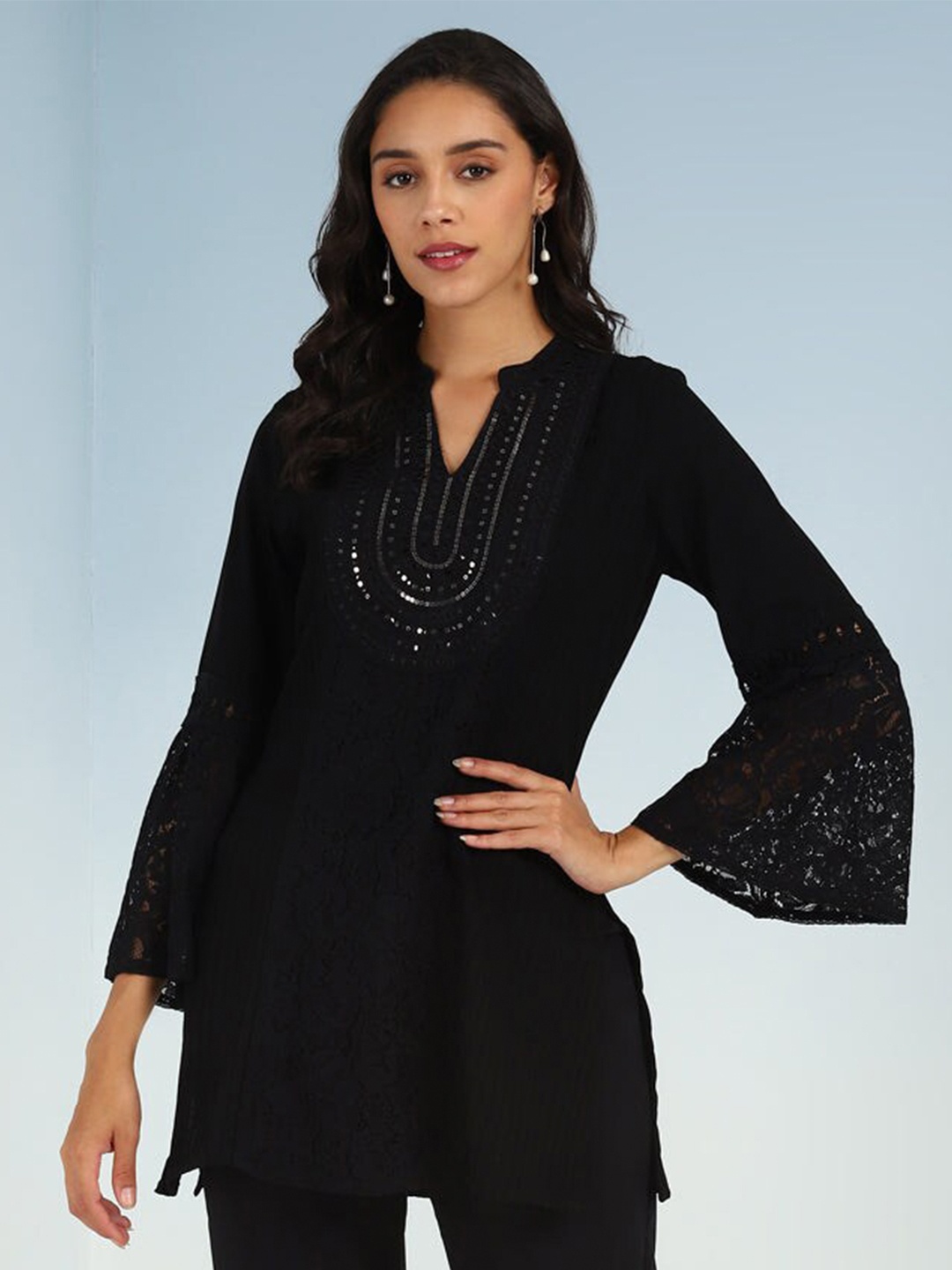 

Lakshita Mandarin Collar Bell Sleeves Sequinned Tunic, Black