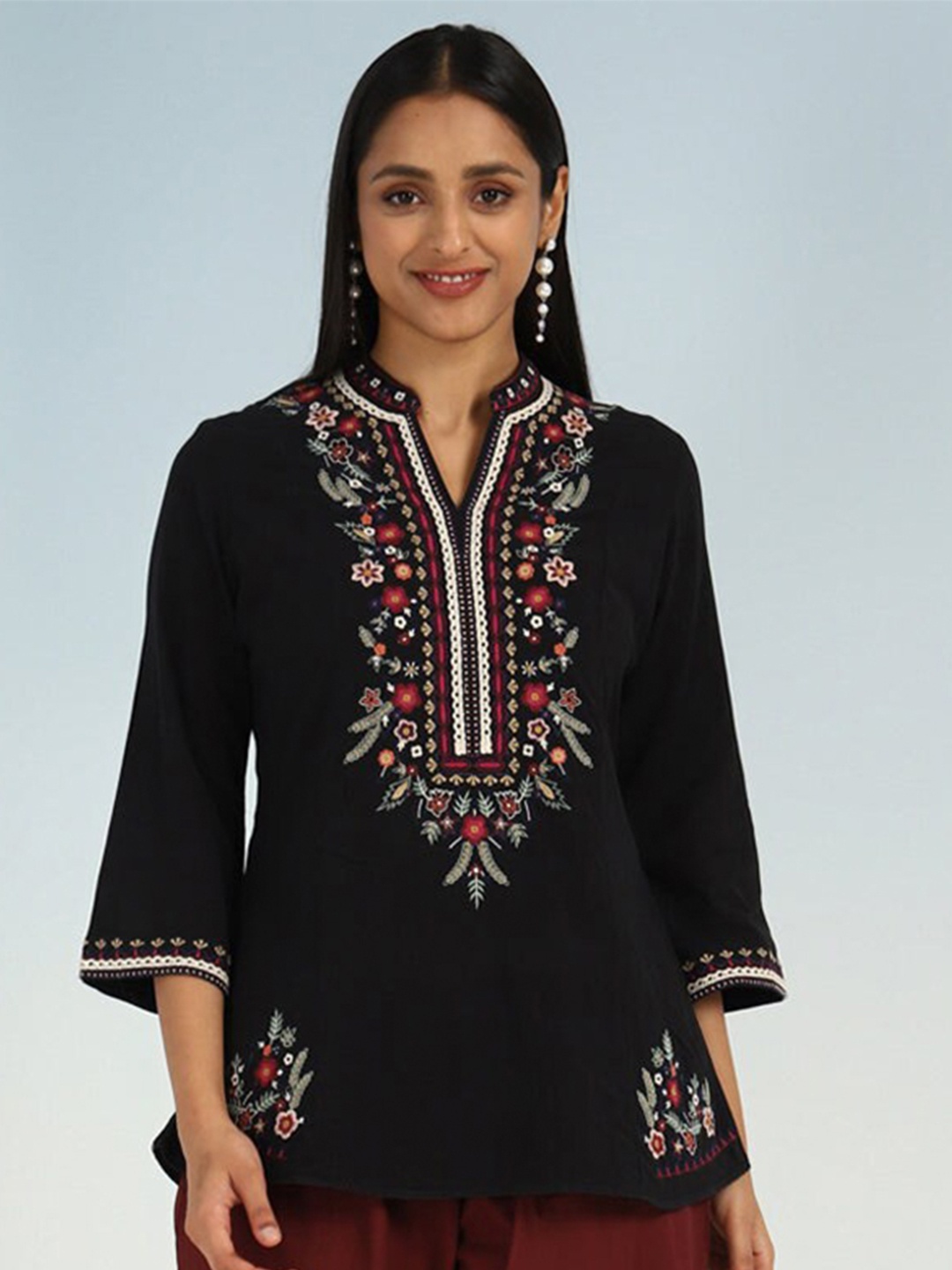 

Lakshita Floral Embroidered Mandarin Collar Tunic, Black