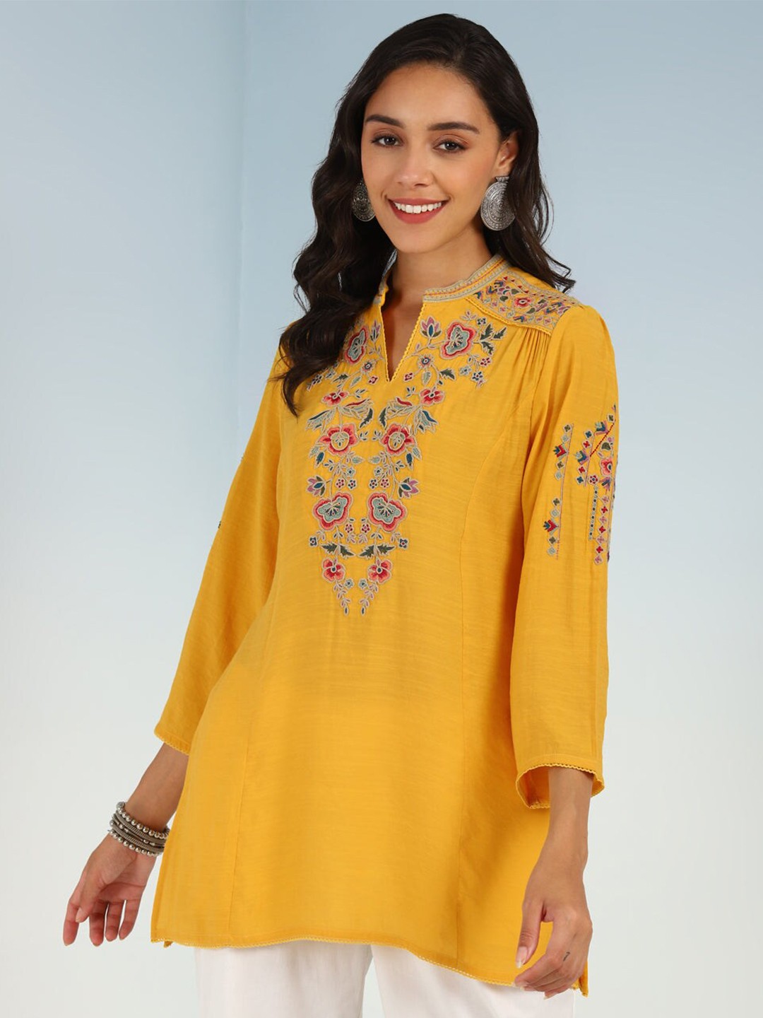 

Lakshita Floral Embroidered Mandarin Collar Tunic, Yellow