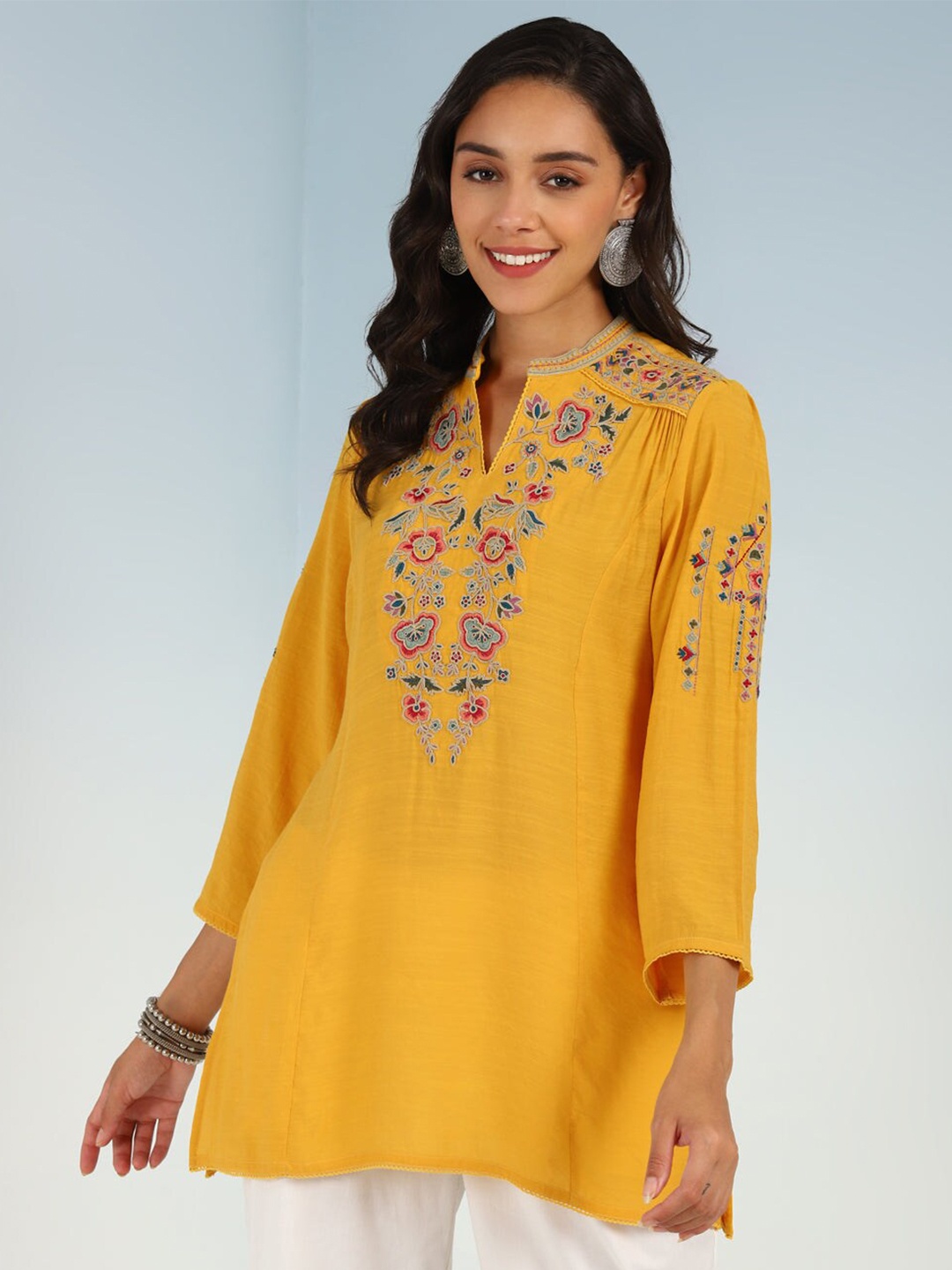 

Lakshita Floral Embroidered Mandarin Collar Tunic, Yellow