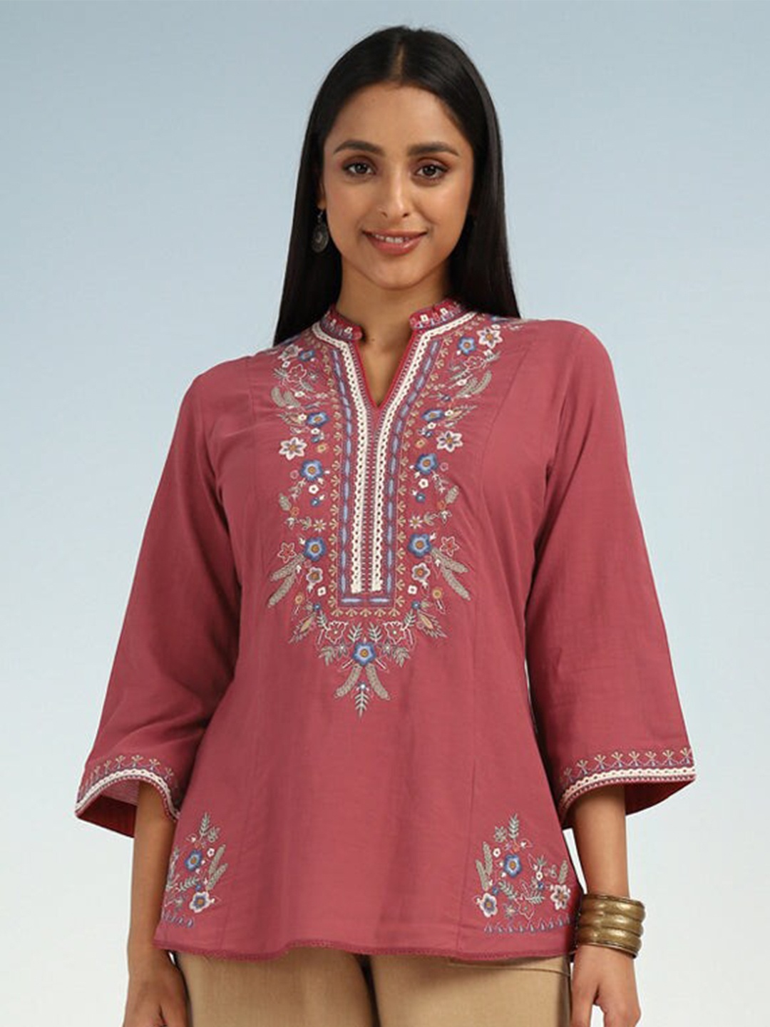 

Lakshita Mandarin Collar Floral Embroidered Tunic, Maroon