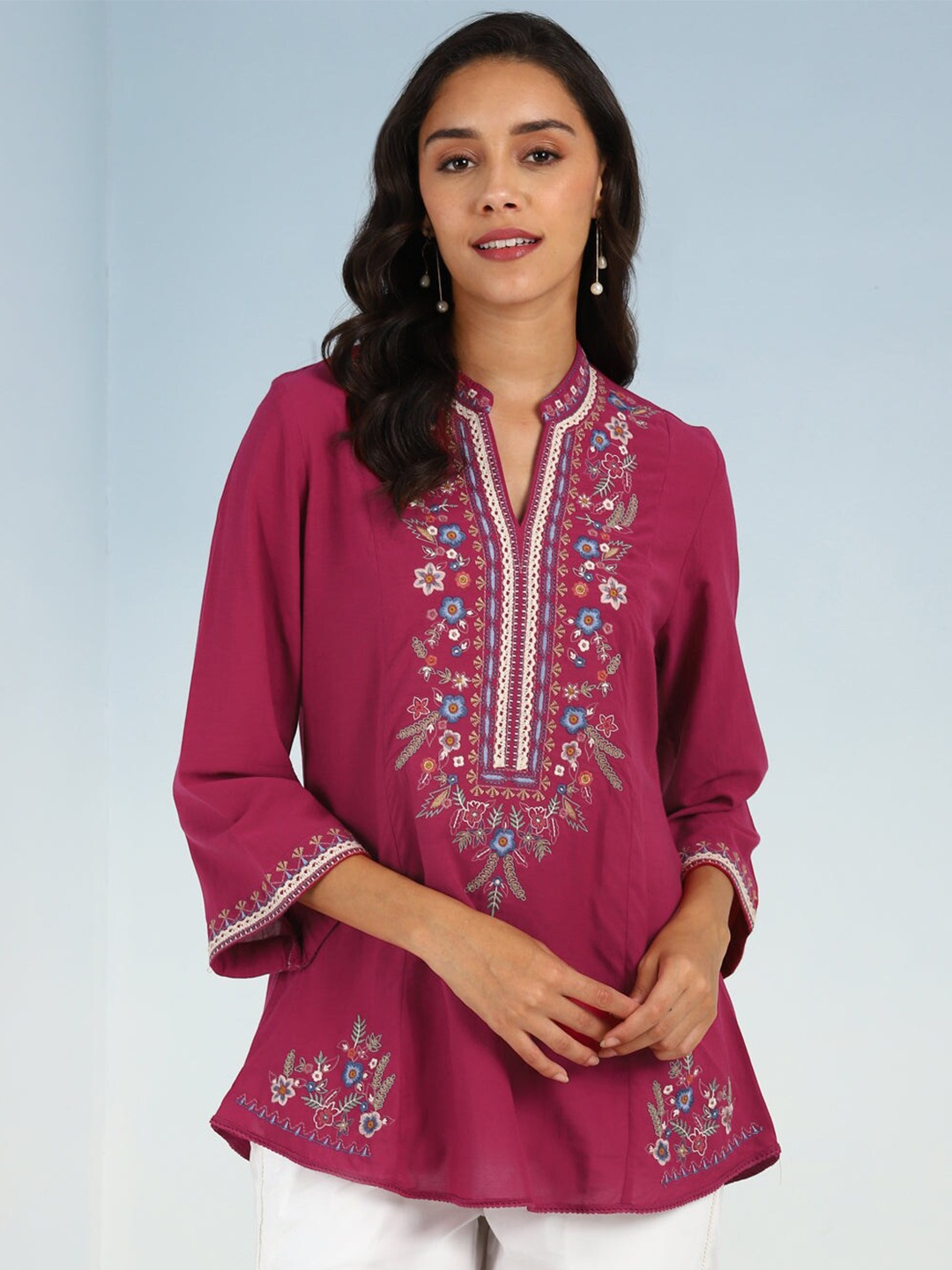 

Lakshita Mandarin Collar Floral Embroidered Tunic, Pink