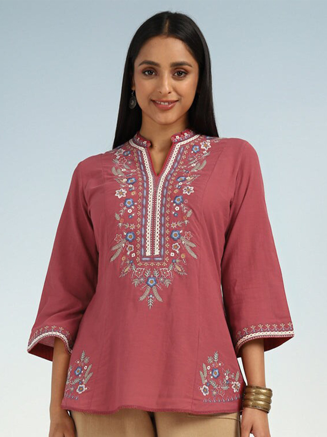 

Lakshita Mandarin Collar Floral Embroidered Tunic, Maroon