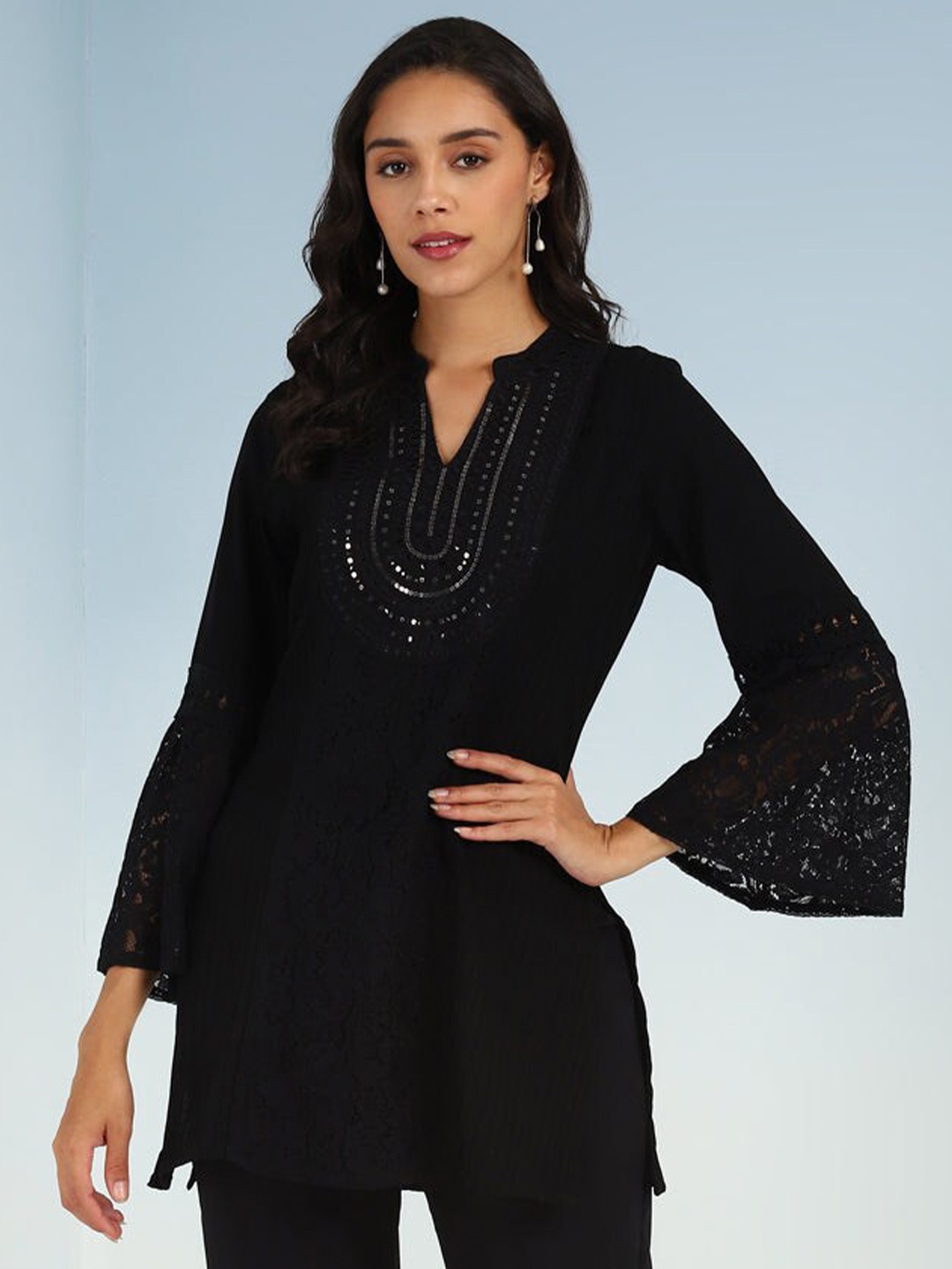 

Lakshita Mandarin Collar Embroidered Bell Sleeves Mirror Work Kurti, Black