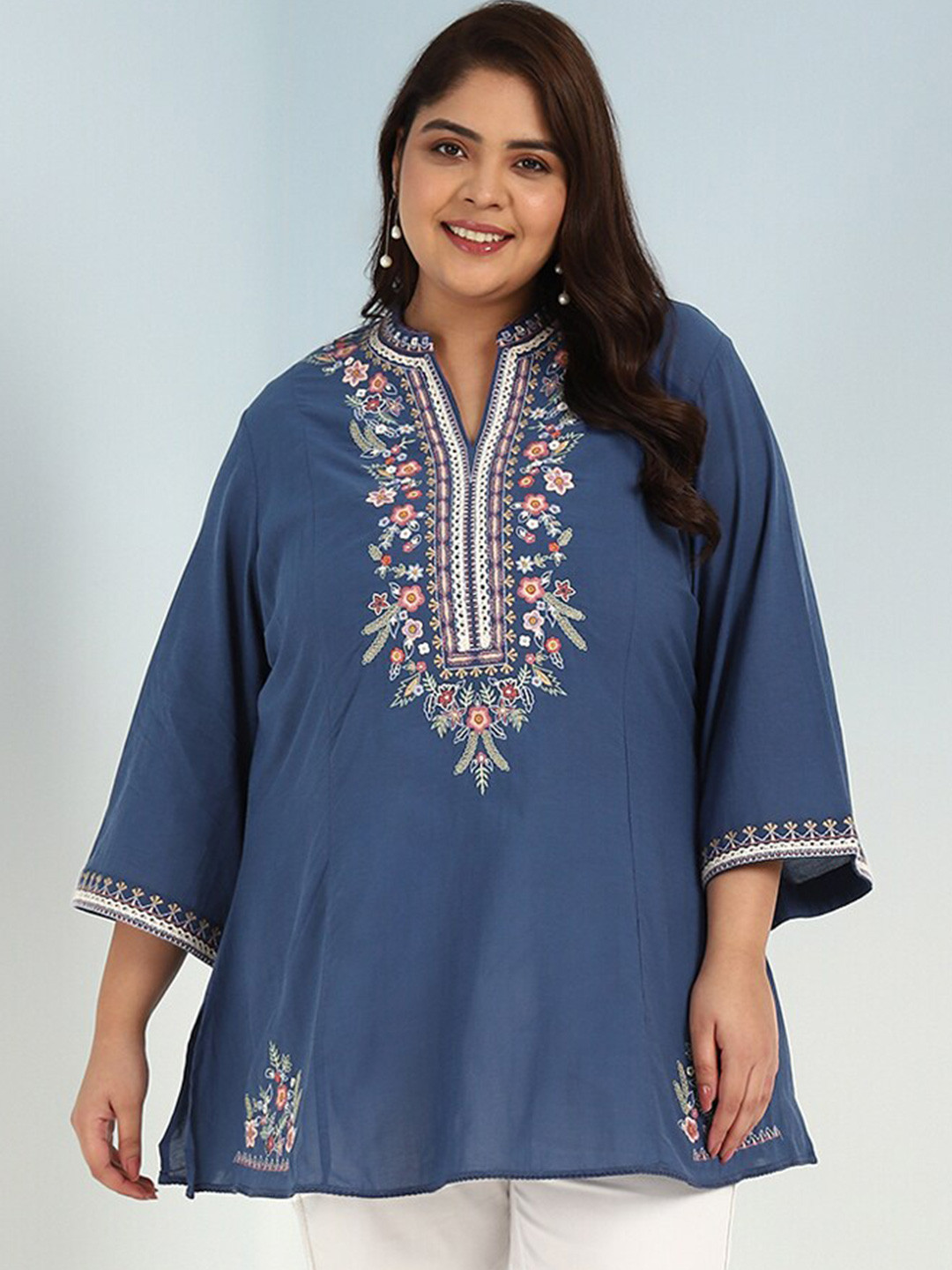 

Lakshita Floral Motifs Embroidered Mandarin Collar A-Line Thread Work Cotton Short Kurti, Blue