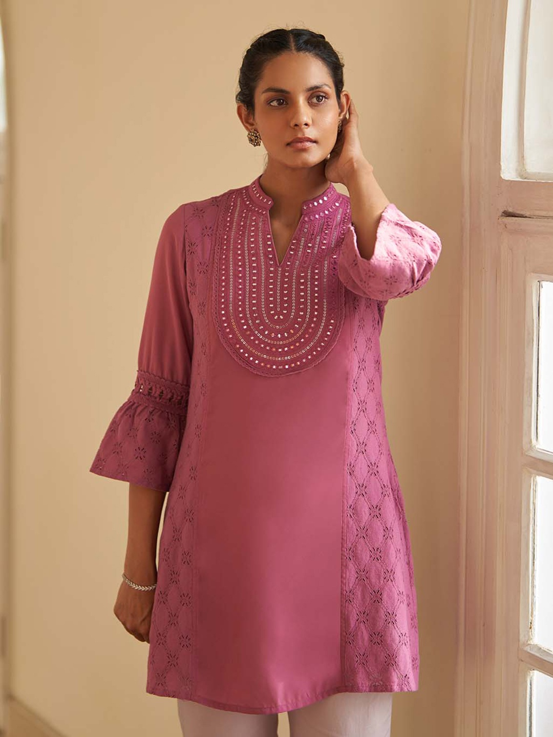 

Lakshita Plus Size Mirror Work Embroidered Cotton Bell Sleeves Kurti, Pink