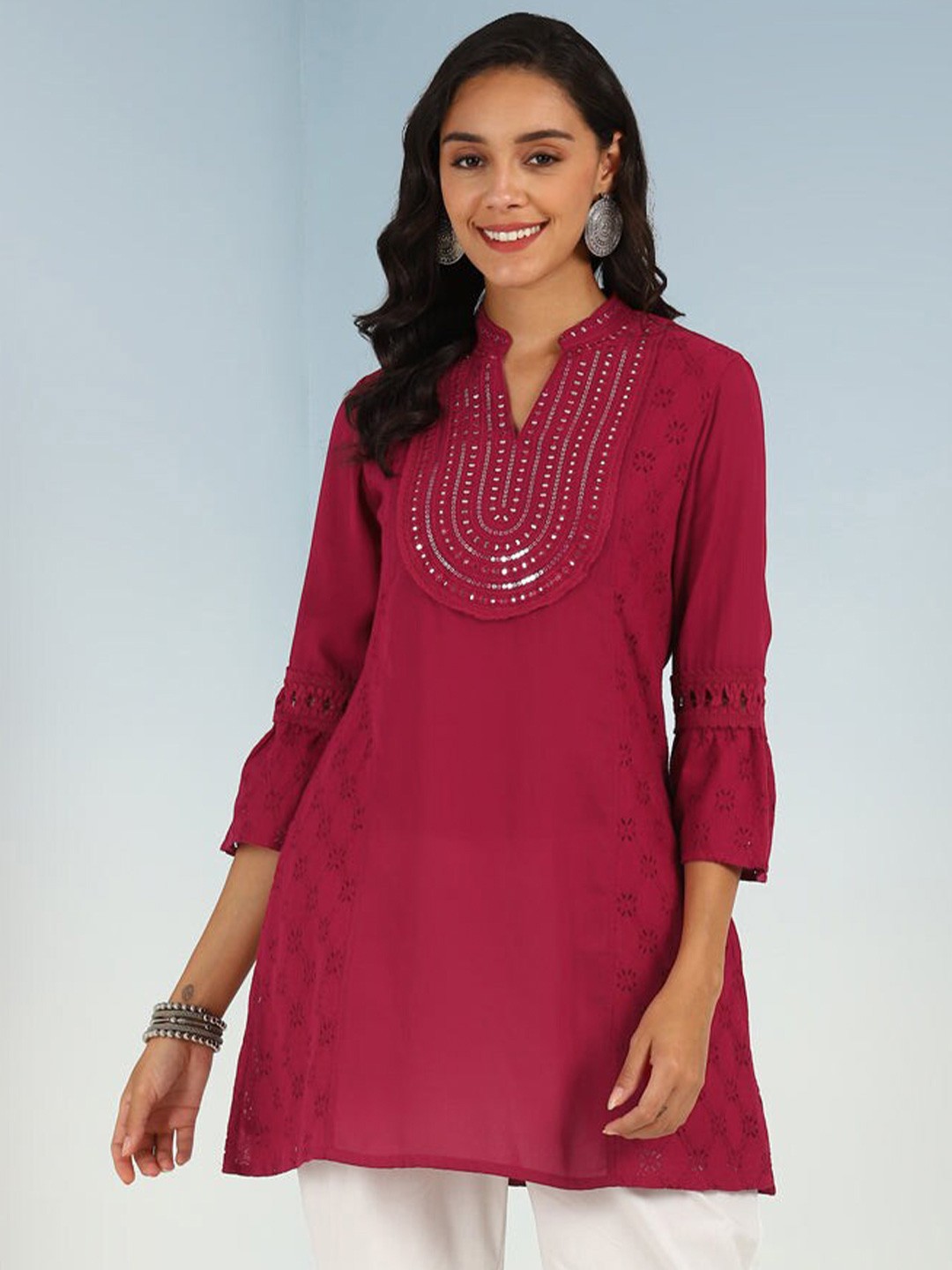 

Lakshita Self Design Bell Sleeves Mirror Work KurtI, Red
