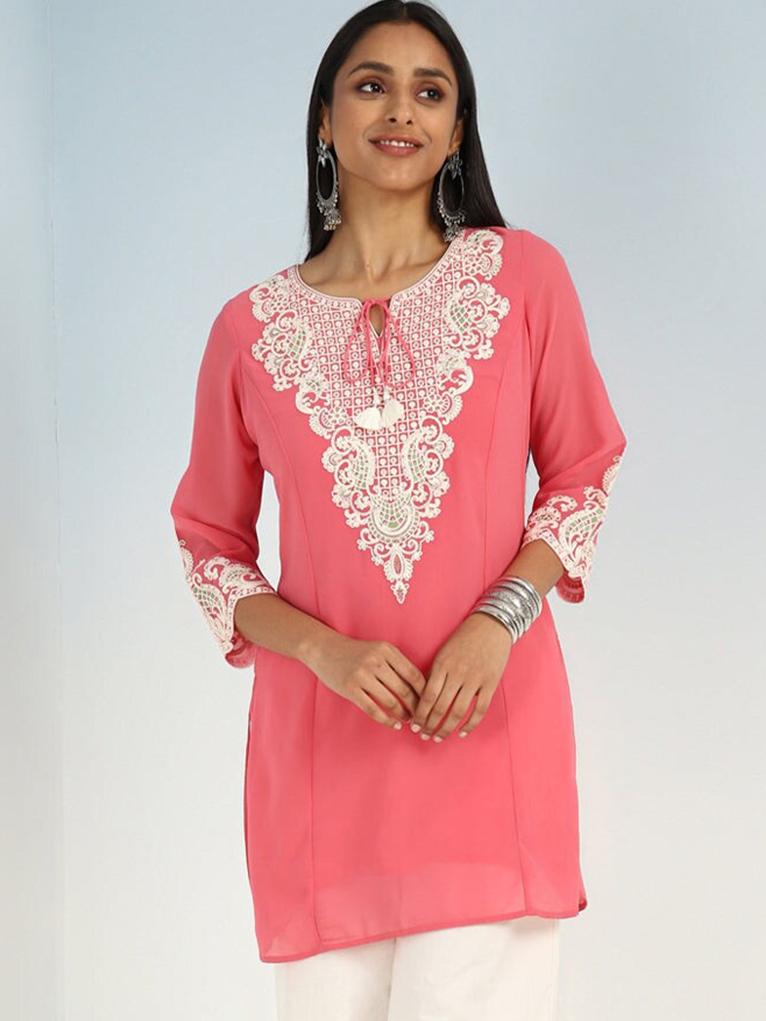 

Lakshita Embroidered Yoke Tie-Up Neck Straight Thread Work Kurta, Pink