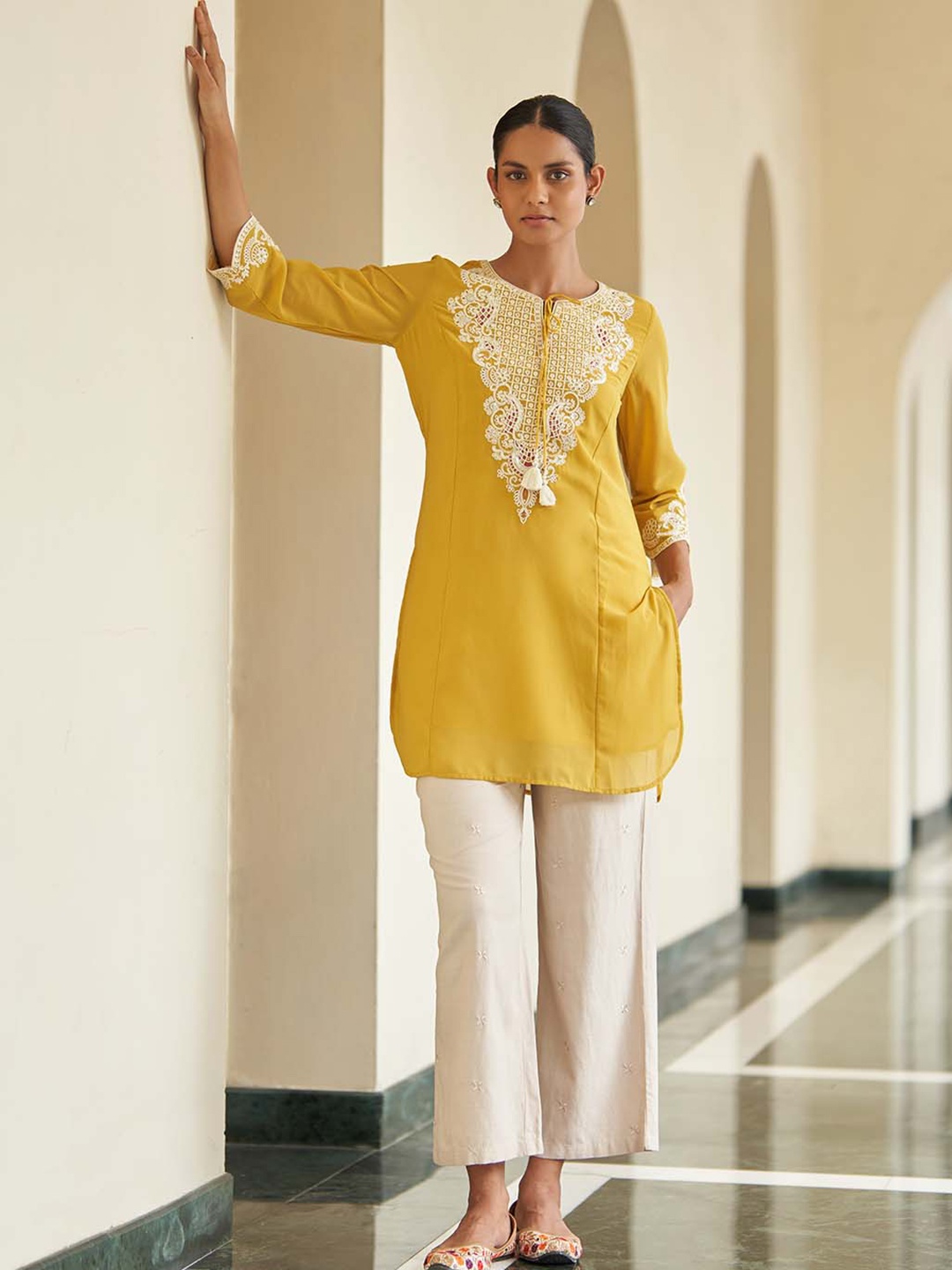 

Lakshita Embroidered Yoke Pure Georgette Short Kurti, Yellow
