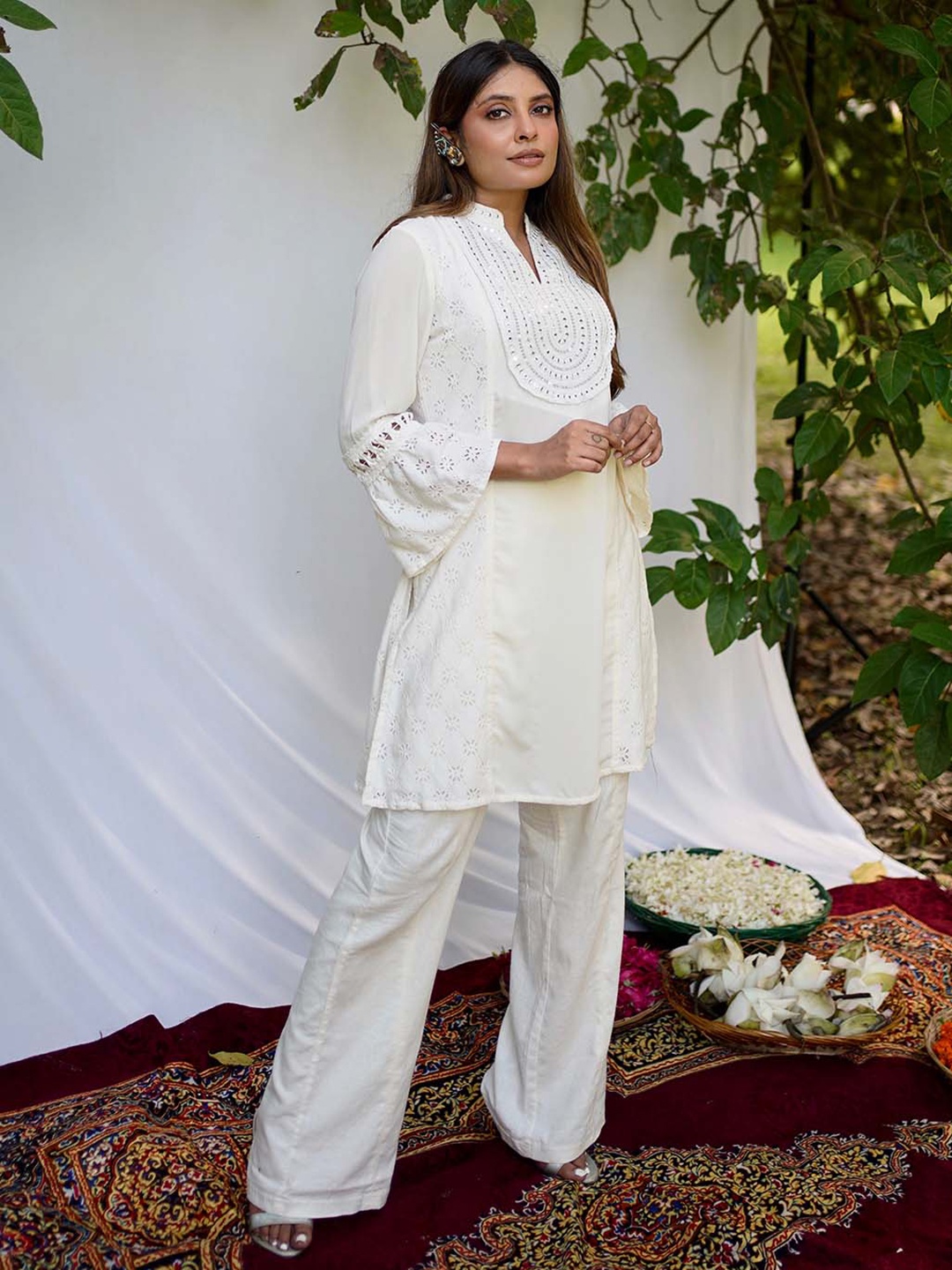 Lakshita Ethnic Motifs Embellished Bell Sleeves Mirror Work Kurti, Off white