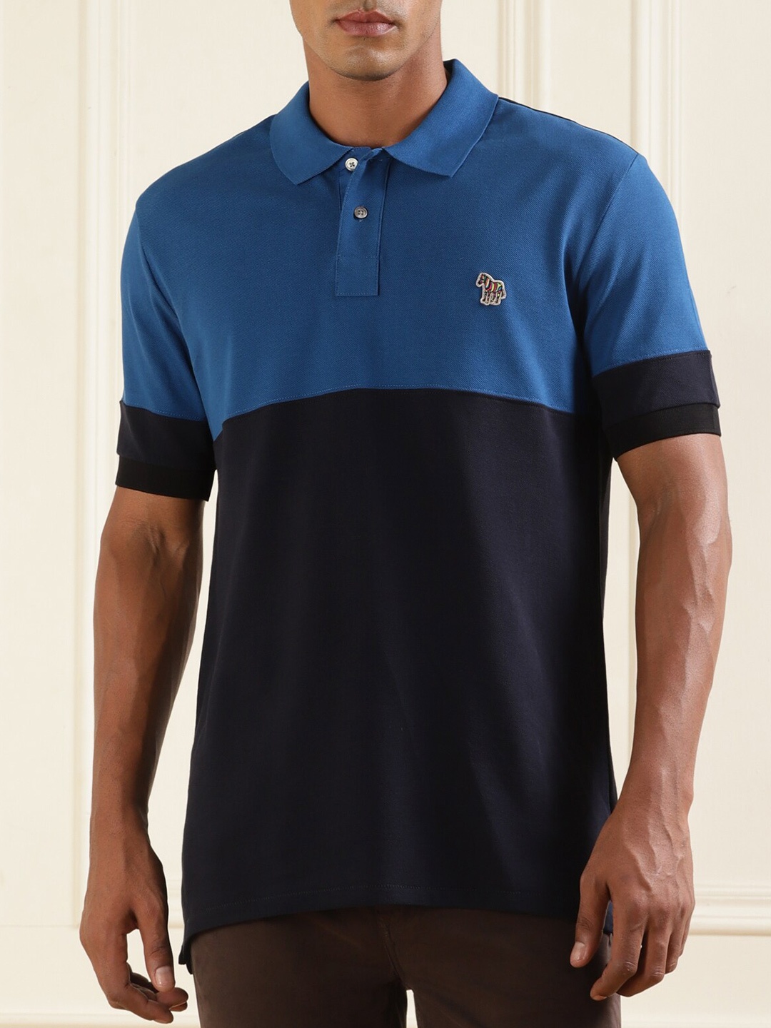

PS By Paul Smith Colourblocked Polo Collar Pure Cotton T-Shirt, Blue