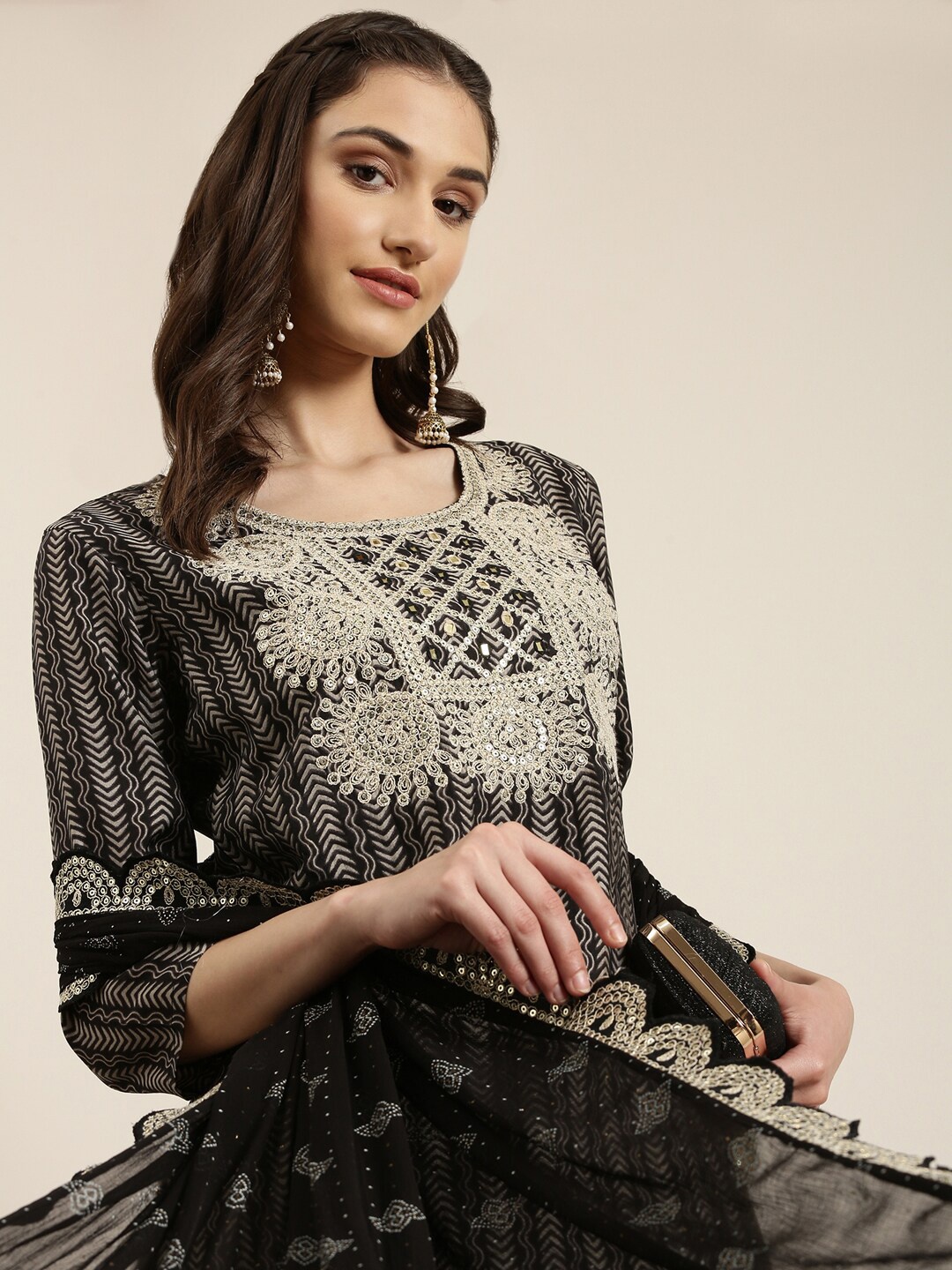 

SHOWOFF Ethnic Motifs Printed Sequined Thread Work Kurta with Skirt & Dupatta, Black
