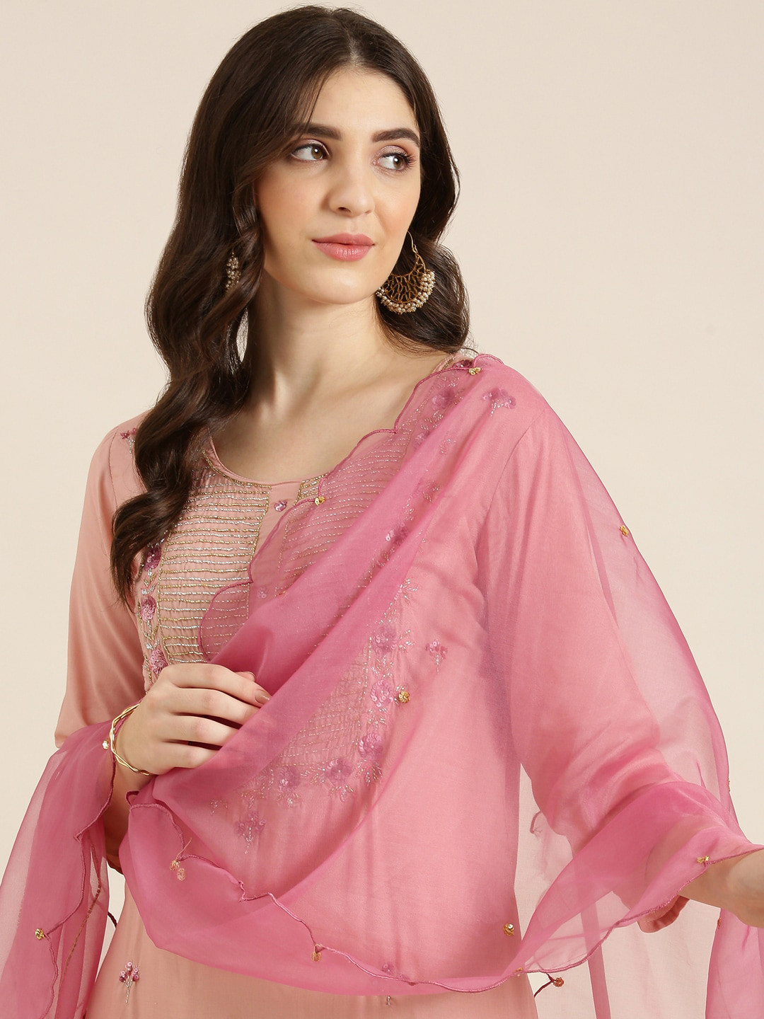 

SHOWOFF Floral Embroidered Beads and Stones Straight Kurta With Trousers & Dupatta, Mauve