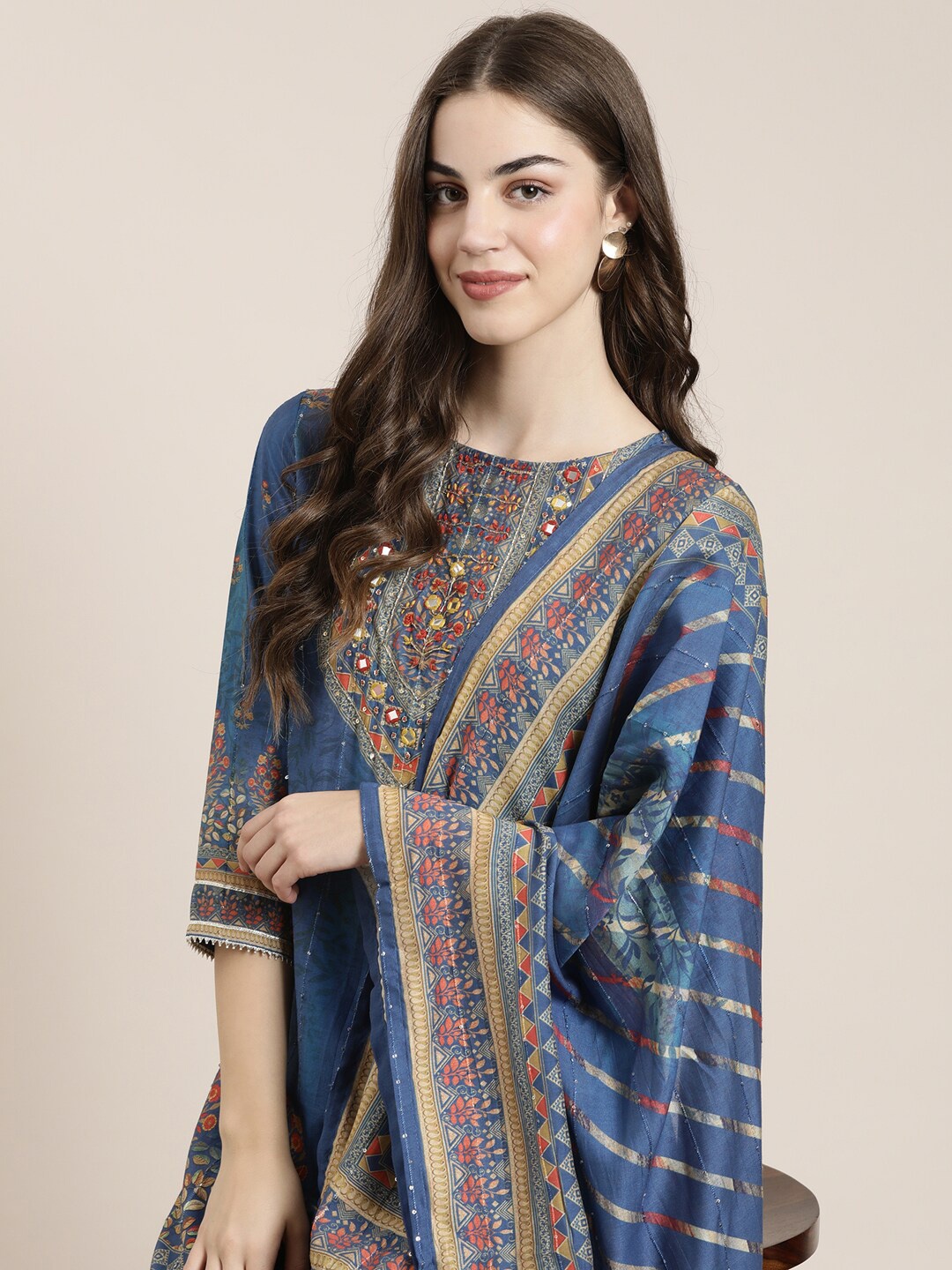 

SHOWOFF Floral Printed Mirror Work Kurta With Sharara & Dupatta, Blue