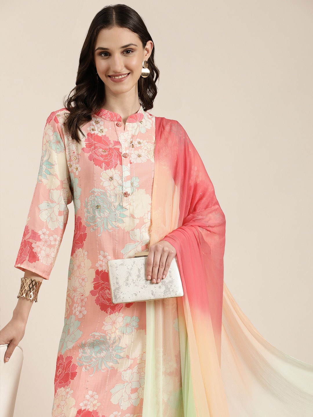 

SHOWOFF Floral Printed Mandarin Collar Straight Stones Kurta With Trousers & Dupatta, Peach