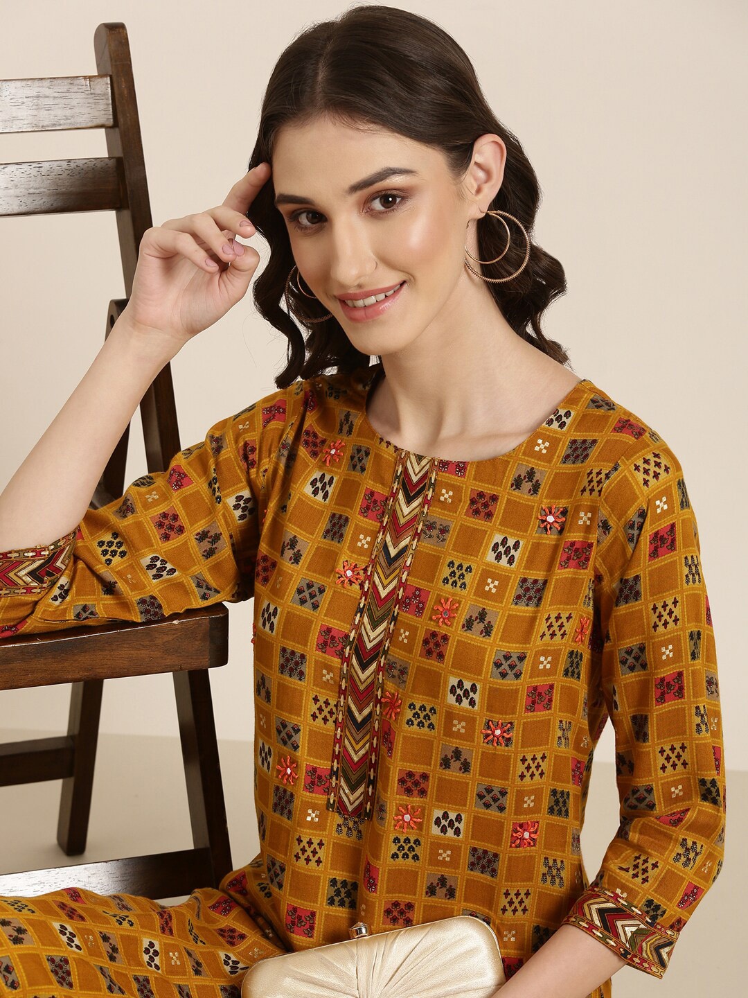 

SHOWOFF Ethnic Motifs Printed Mirror Work Kurta with Palazzos, Mustard