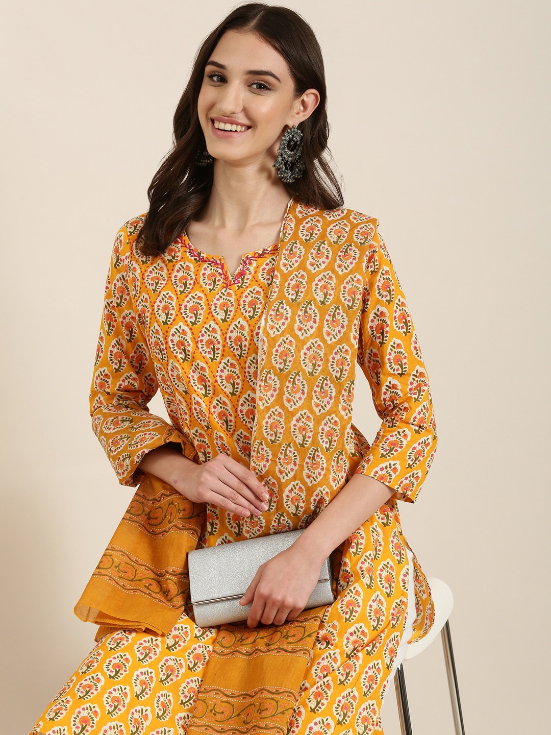 SHOWOFF Floral Printed Thread Work Kurta & Trousers With Dupatta, Mustard