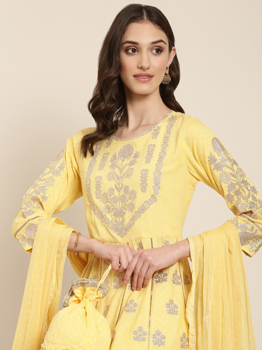 

SHOWOFF Floral Embroidered Empire Kurta With Trousers & Dupatta, Yellow