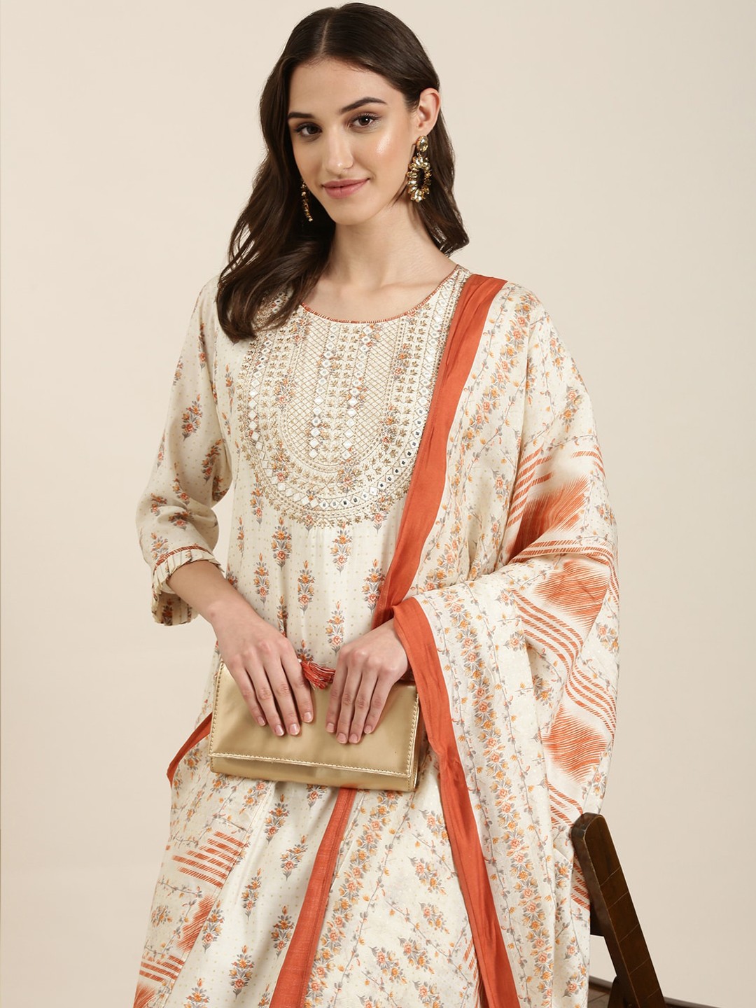 

SHOWOFF Floral Printed Mirror Work Kurta & Trousers With Dupatta, Cream