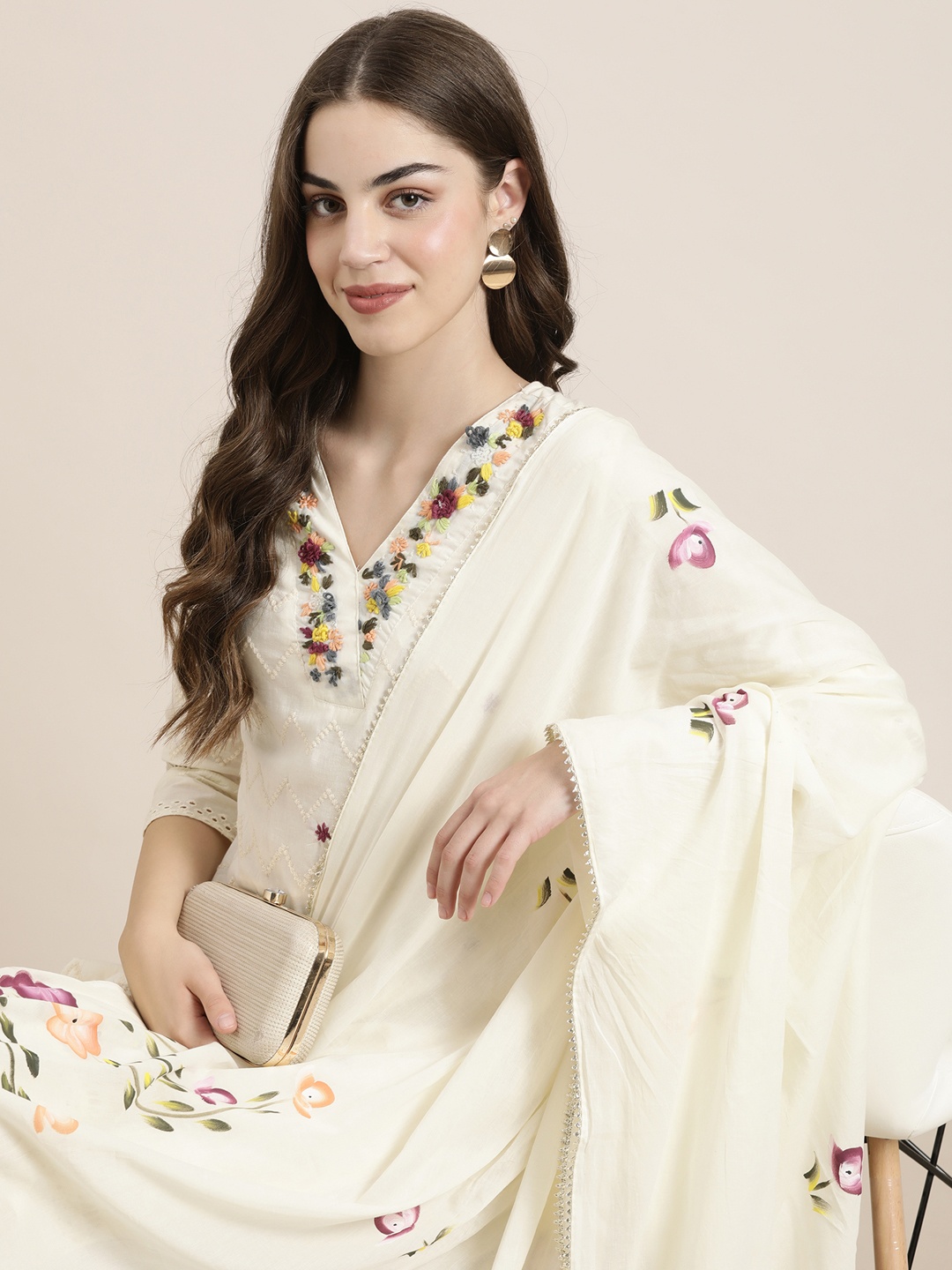 

SHOWOFF Floral Embroidered Kurta & Trousers With Dupatta, Cream