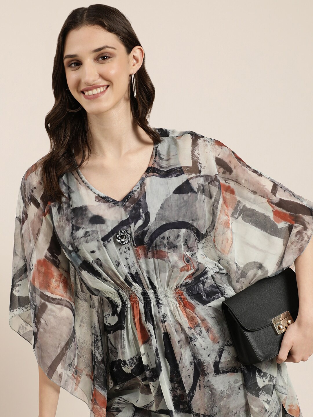 

SHOWOFF Abstract Printed Kaftan Kimono Sleeve Kurta With Trousers, Black