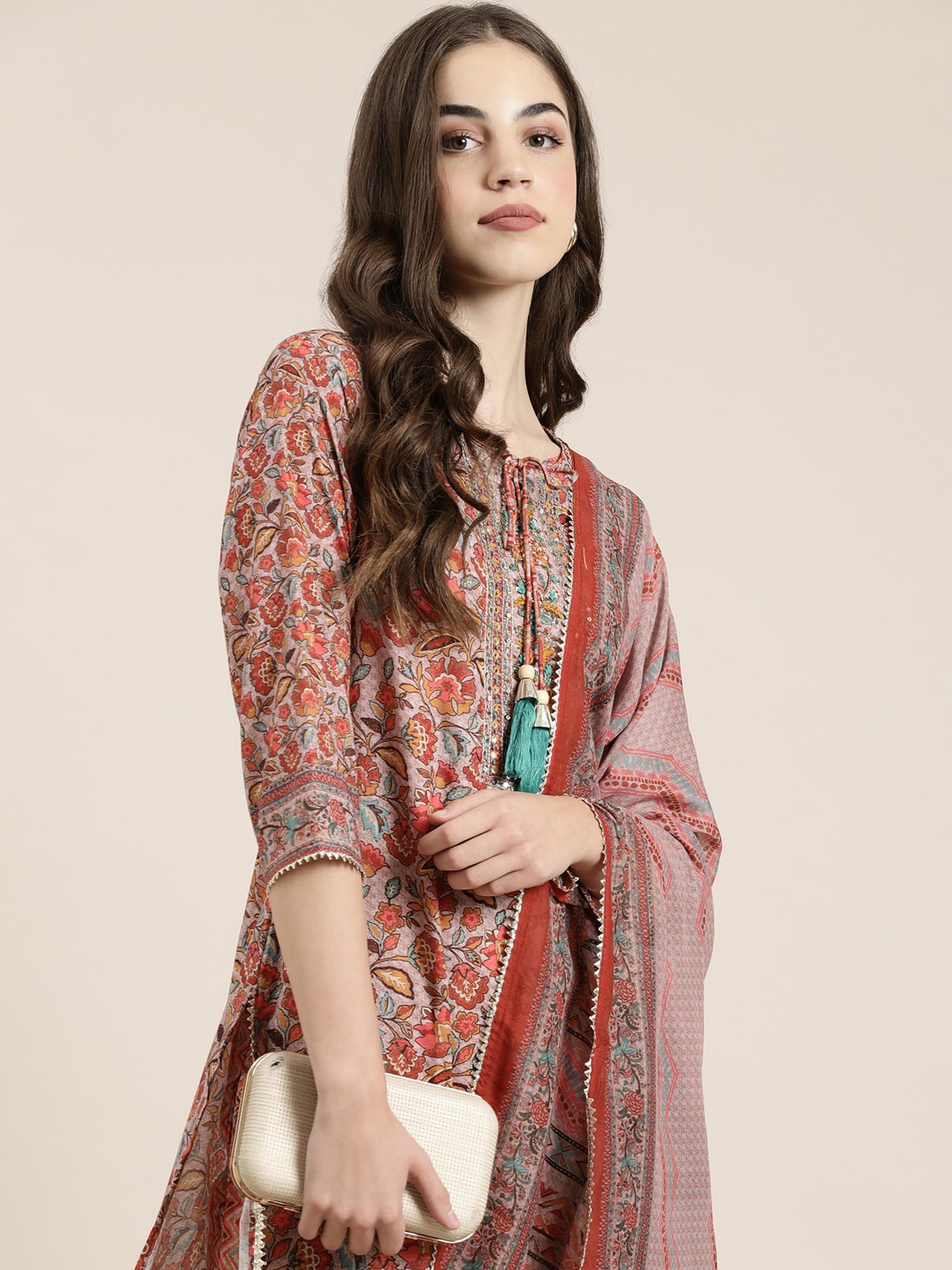 

SHOWOFF Floral Printed Regular Sequinned Kurta With Trousers & Dupatta, Rust