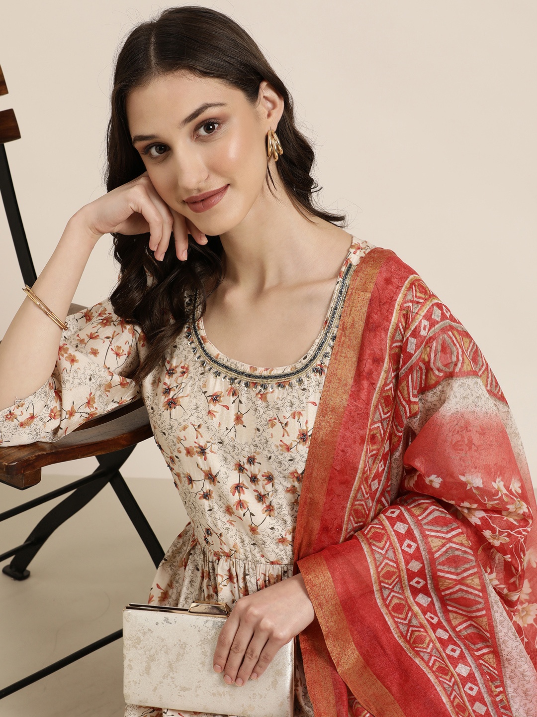 

SHOWOFF Floral Printed Beads and Stones Anarkali Kurta with Trousers & With Dupatta, Cream