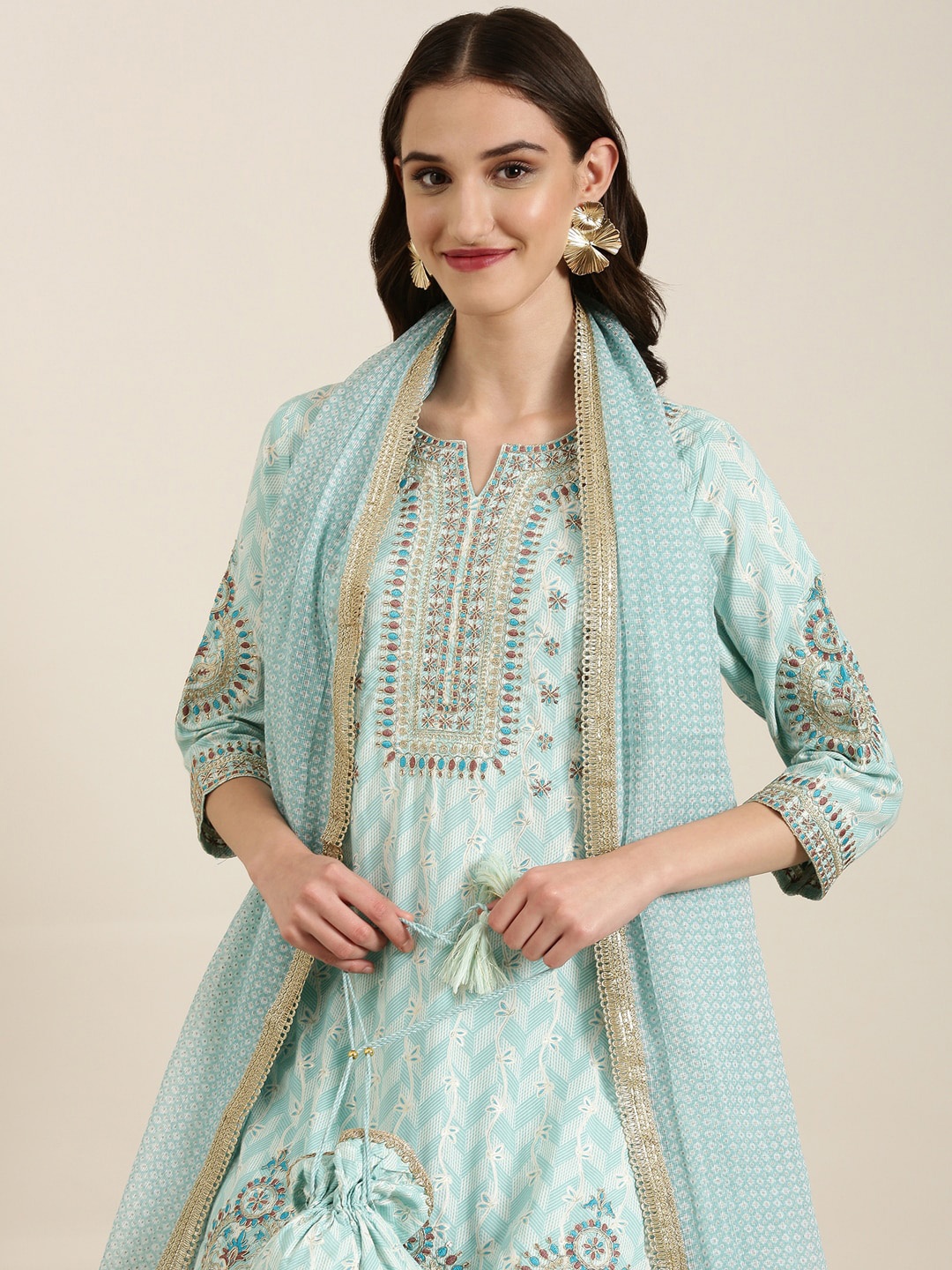 

SHOWOFF Ethnic Motifs Embroidered Zari Kurta with Sharara & Dupatta, Sea green