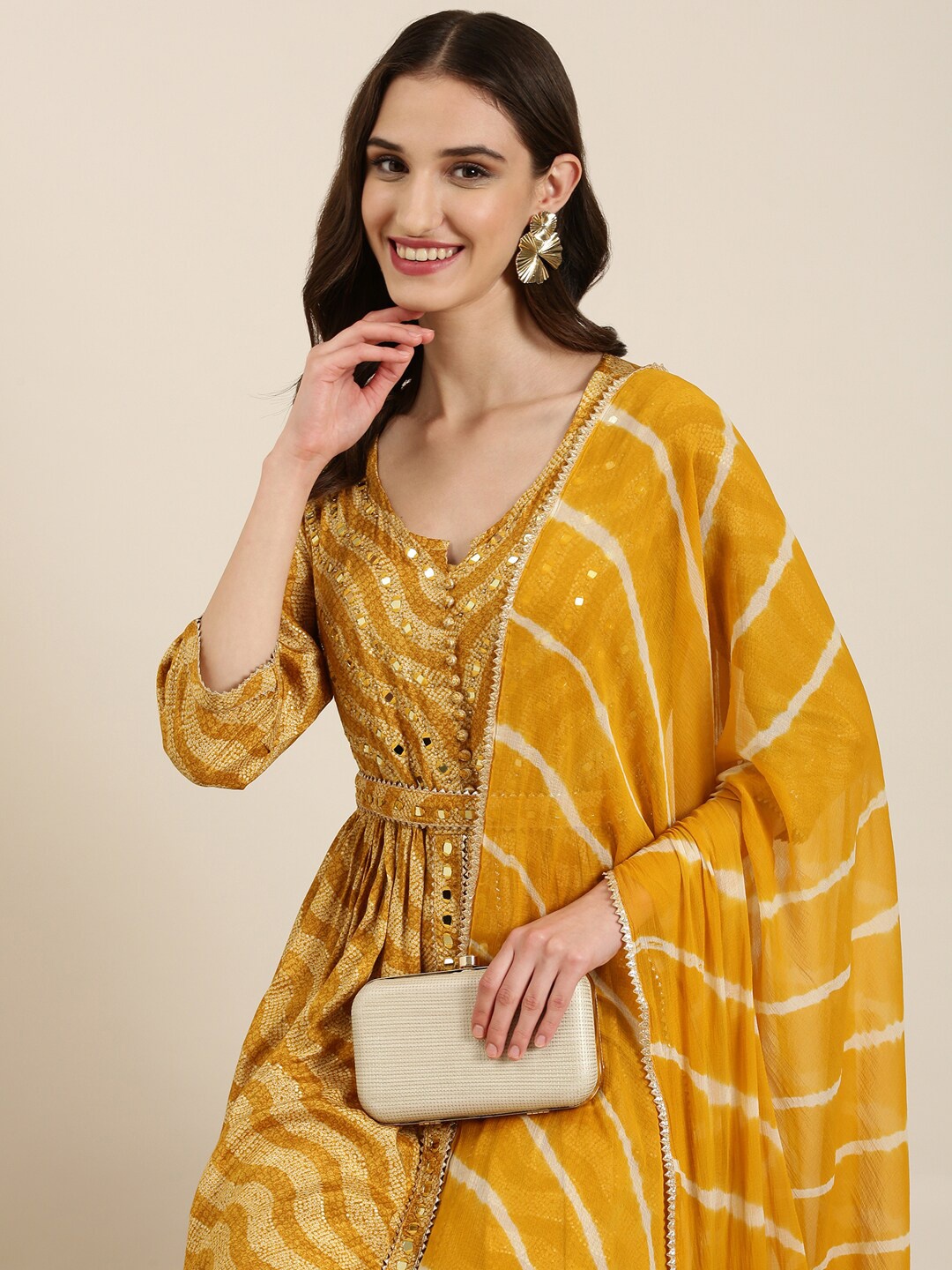 

SHOWOFF Bandhani Printed Mirror Work High-Slit A-Line Kurta & Trousers With Dupatta, Mustard