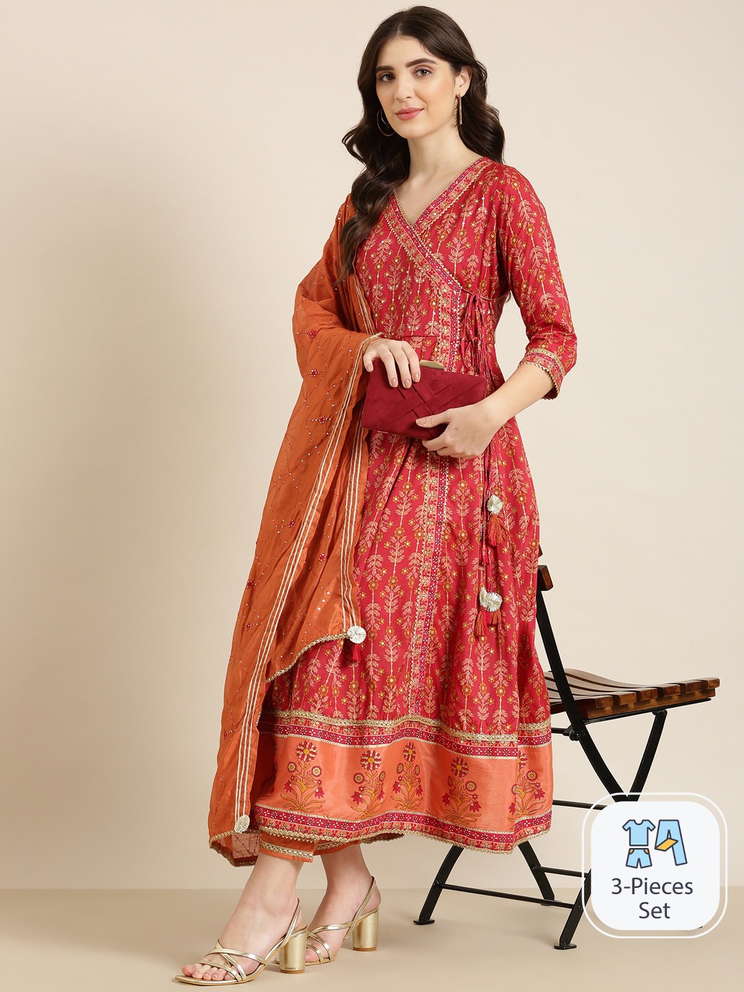 

SHOWOFF Floral Printed Angrakha Gotta Patti Anarkali Kurta With Trousers & Dupatta, Maroon