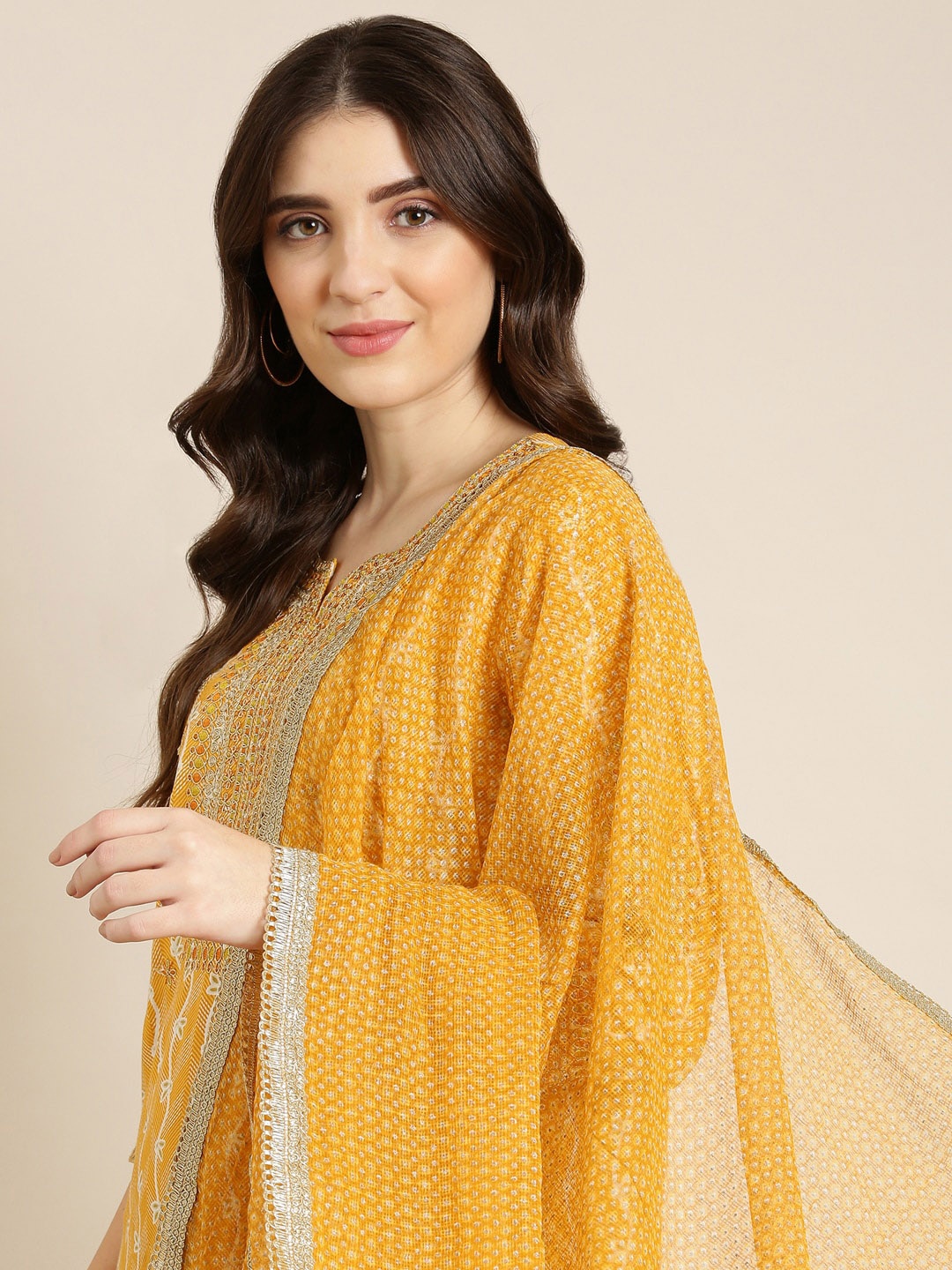 

SHOWOFF Floral Printed Thread Work Kurta With Sharara & Dupatta, Mustard