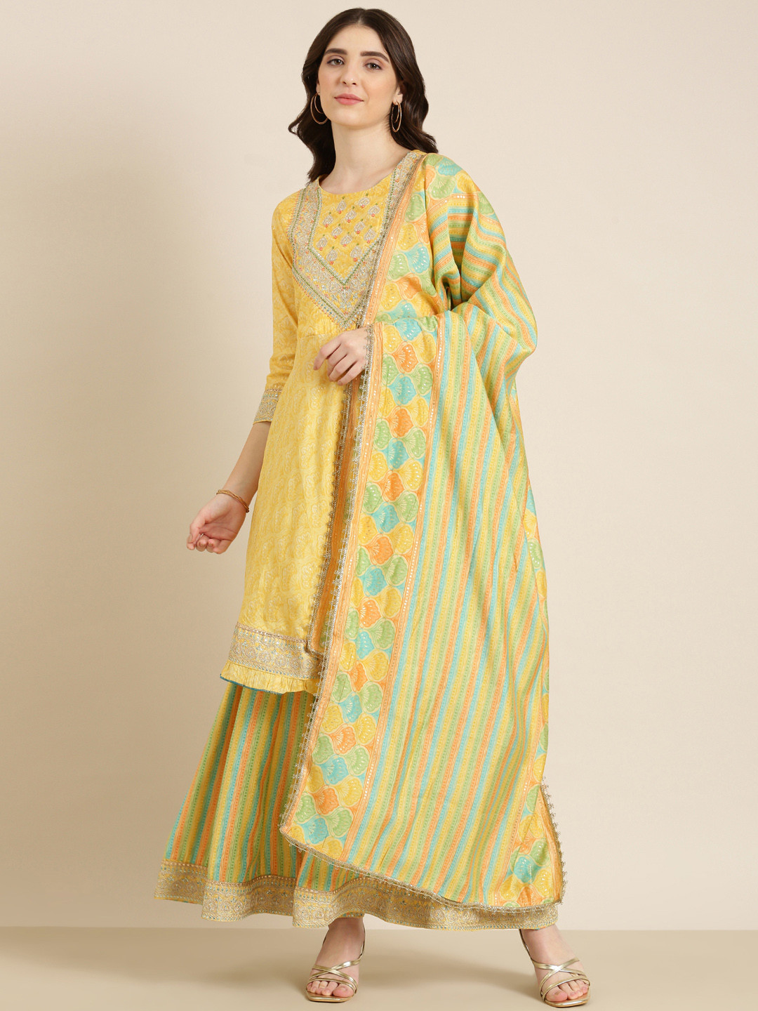 

SHOWOFF Ethnic Motifs Printed Thread Work Kurta with Palazzos & Dupatta, Yellow