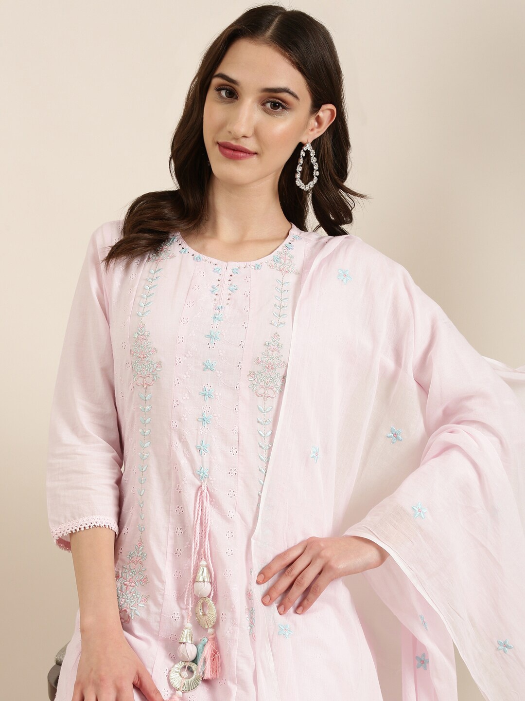 

SHOWOFF Floral Embroidered Panelled Kurta With Trousers & Dupatta, Pink