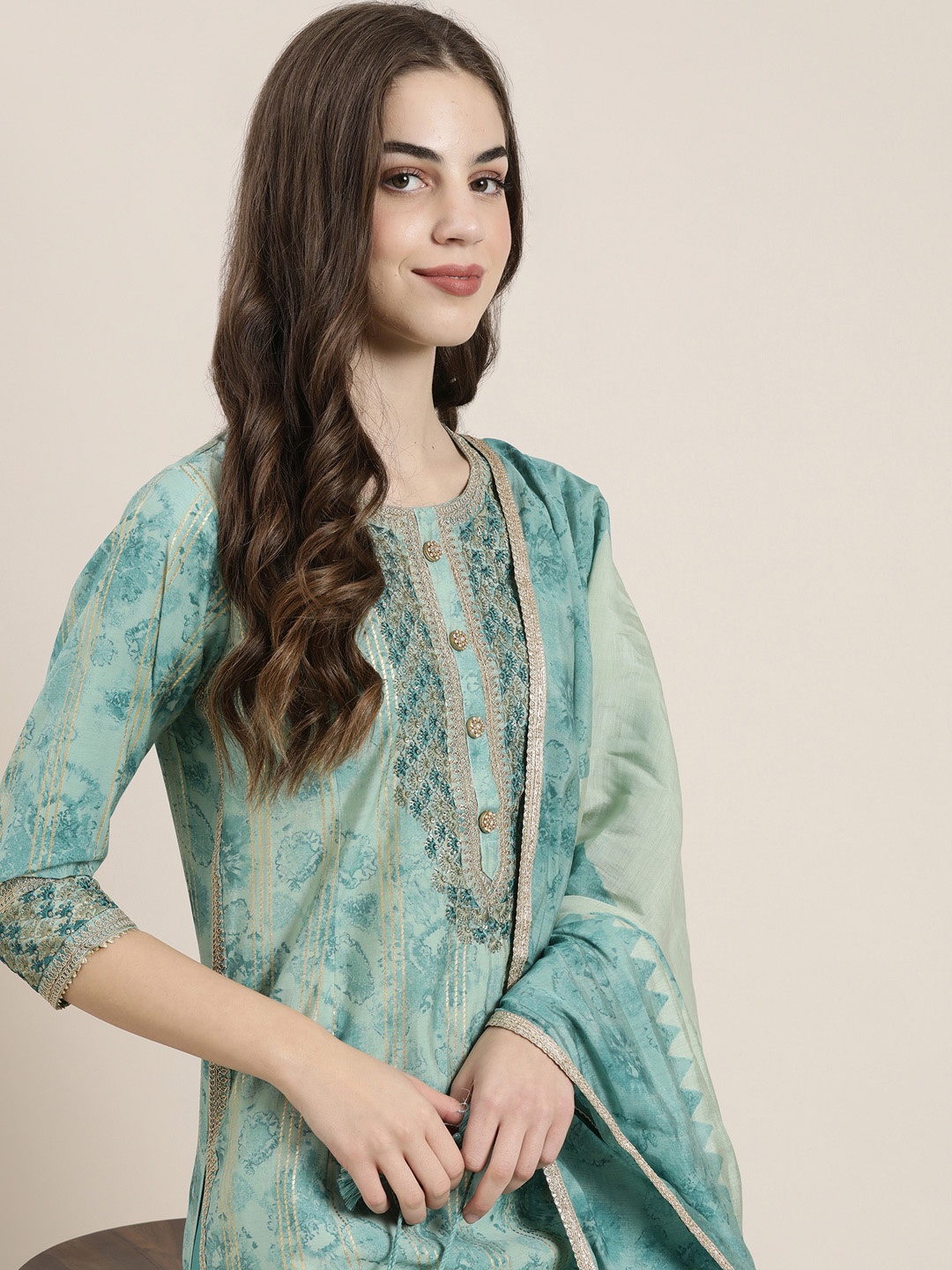 

SHOWOFF Abstract Printed Embroidered Straight Kurta & Trousers With Dupatta, Sea green