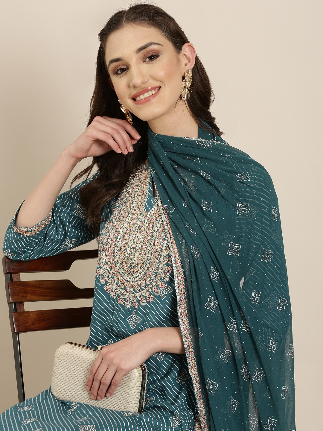 

SHOWOFF Ethnic Motifs Printed Sequinned Straight Kurta & Sharara With Dupatta, Teal