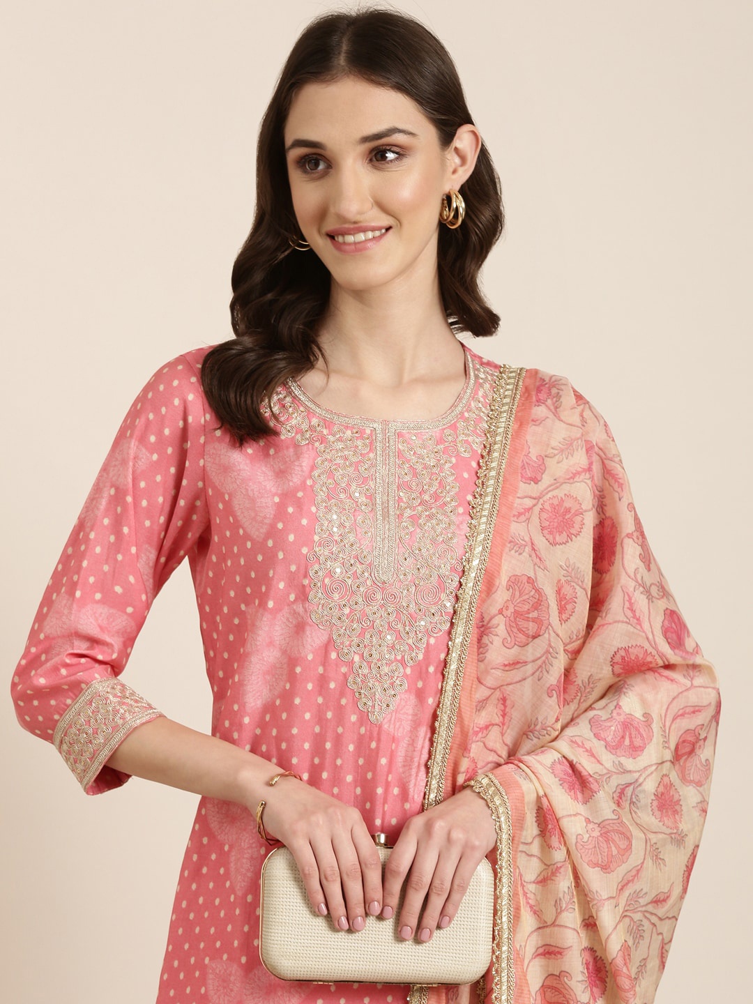 

SHOWOFF Floral Printed Kurta With Trousers & Dupatta, Coral