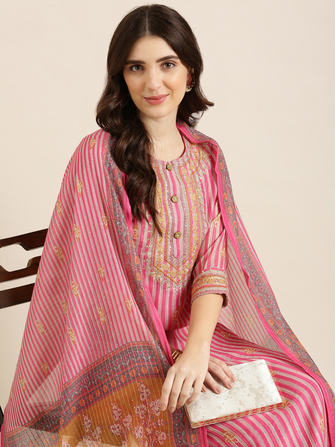 

SHOWOFF Striped Regular Thread Work Kurta With Trousers & Dupatta, Pink