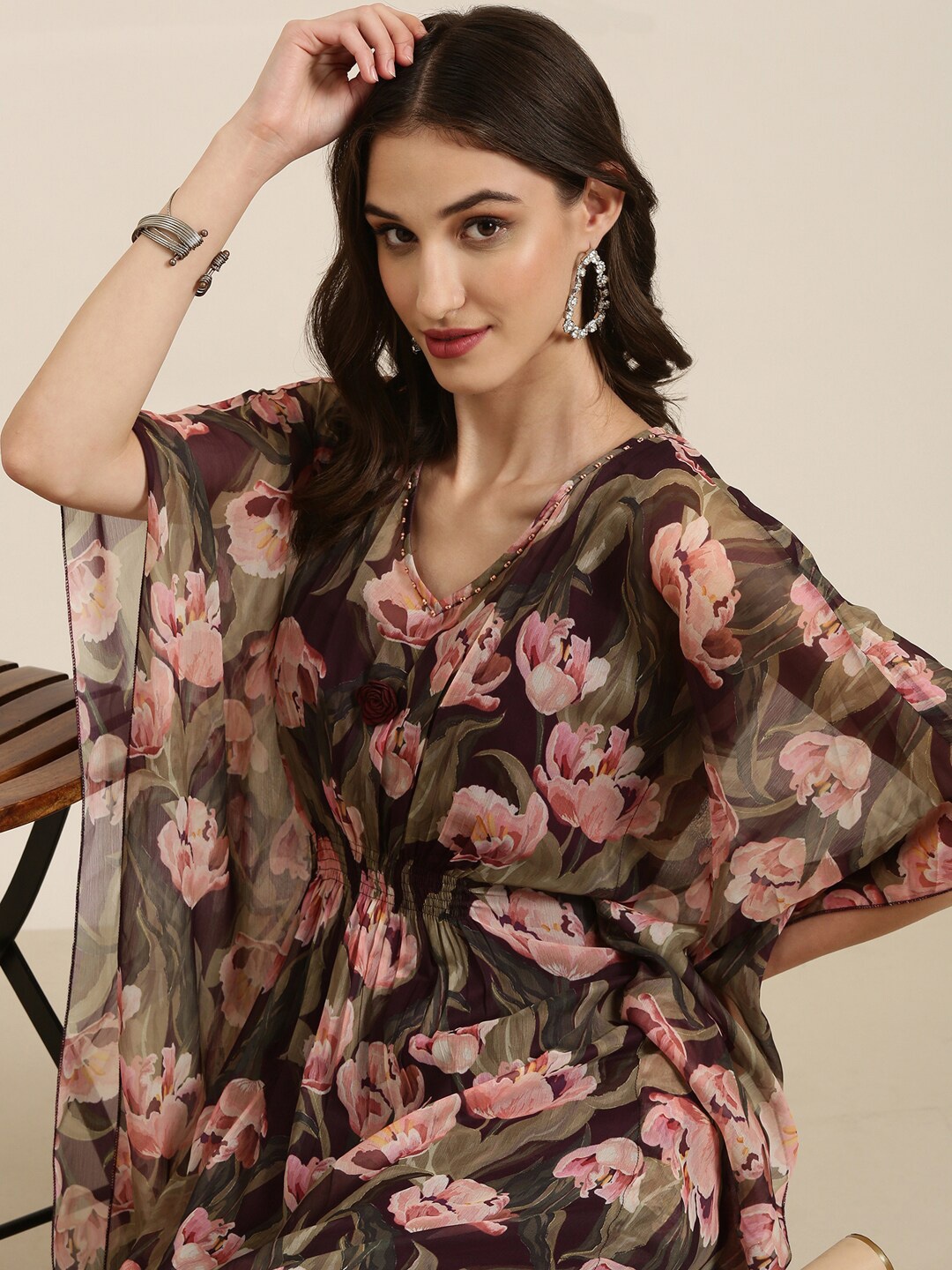 

SHOWOFF Floral Printed Kafthan Kurta With Trousers, Brown