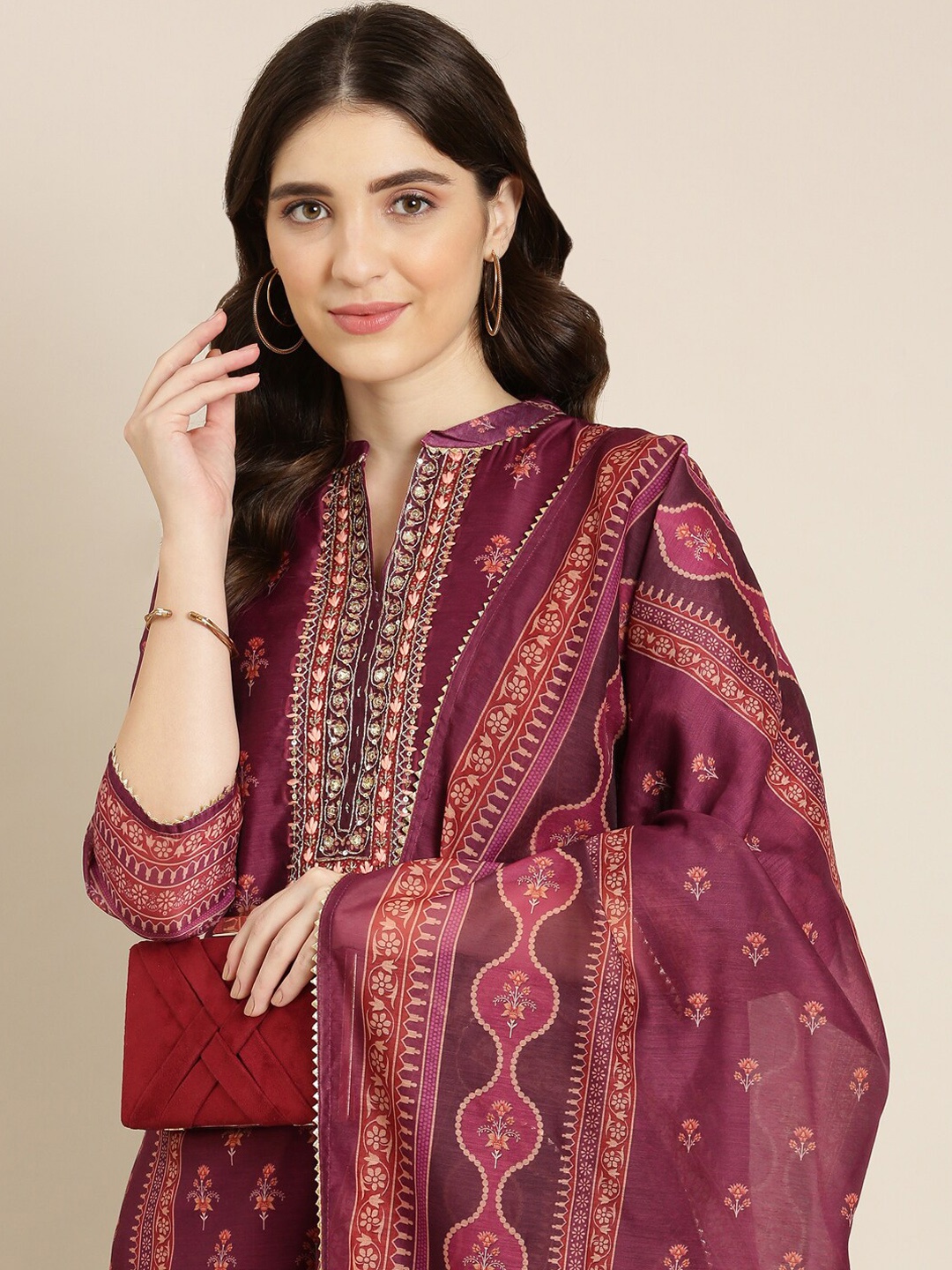 

SHOWOFF Floral Printed Regular Gotta Patti Kurta With Trousers & Dupatta, Magenta